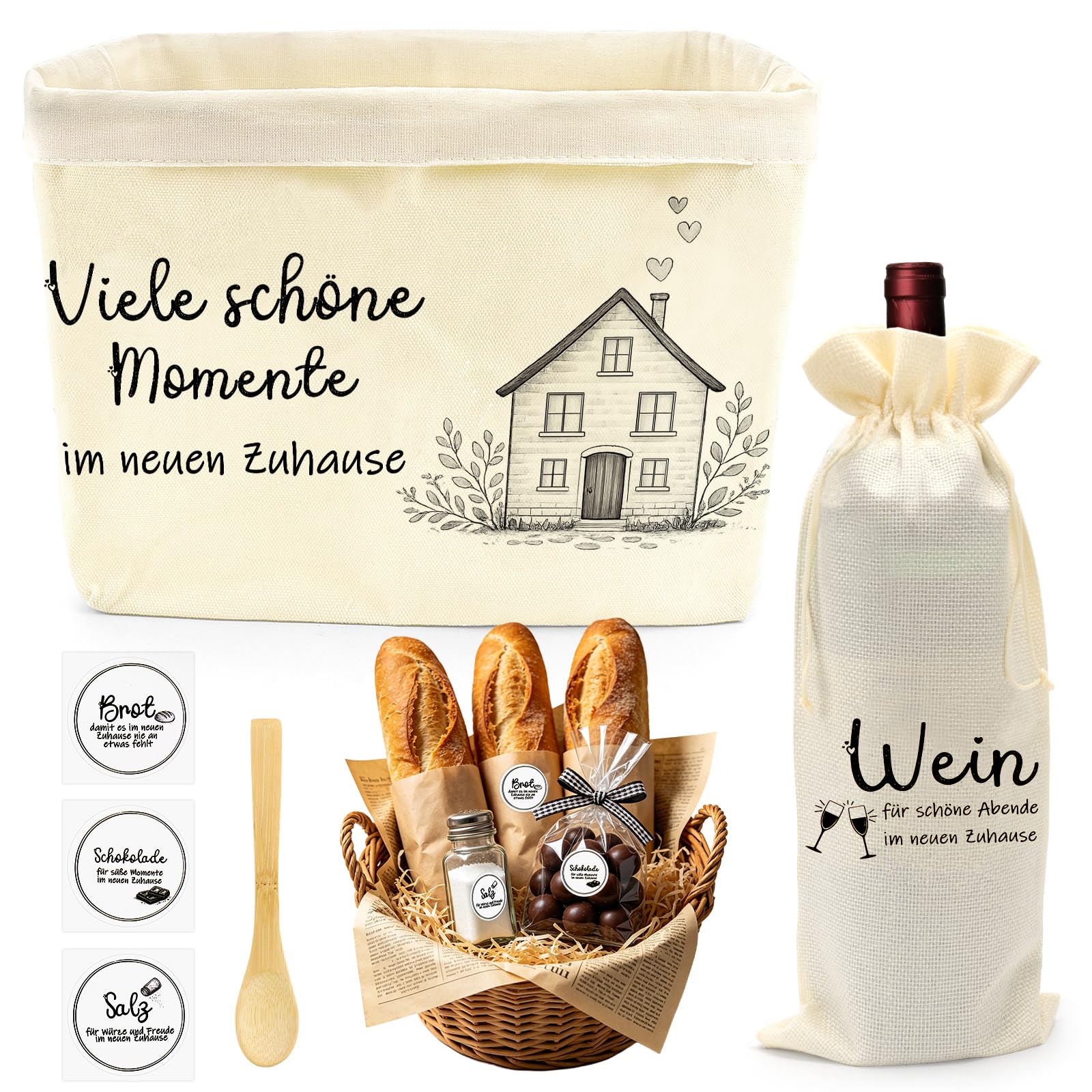 WALLFID Einzugsgeschenke Wohnung,Geschenk Zum Einzug Beinhaltet Brotkorb,Weinbeutel,Holz-Salzlöffel,Sticker für Brot,Salz & Schokolade,Viele schöne Momente im neuen Zuhause