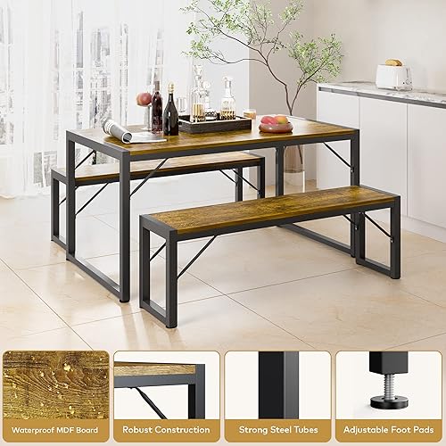 Miniatura 5 de Gizoon 45.5" Dining Table Set for 4 with 2 Benches, Kitchen Table Set with Metal Frame & MDF Board, Space-Saving Dinette for Kitchen, Dining Room