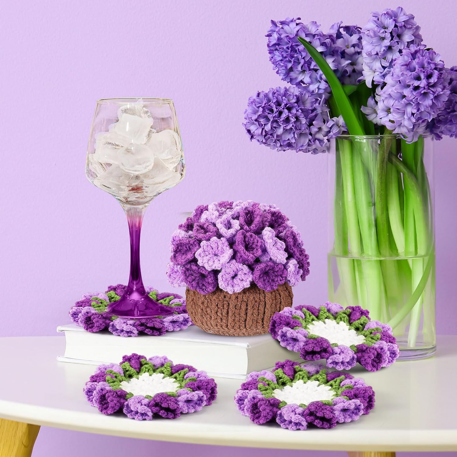 HunnmingRe 15 Pcs 3D Cute Crochet Flower Coasters Set, Spring Summer Floral Table Coasters with Plant Pot Holder, Soft Decorative Cup Mat, Housewarming Gift(Purple,Lily of The Valley​)