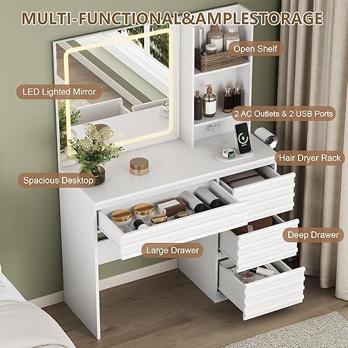 Miniatura 2 de Mesa de tocador de maquillaje con luces, tocador acanalado con 4 cajones, estantes abiertos, toma de corriente, espejo iluminado LED, 3 modos