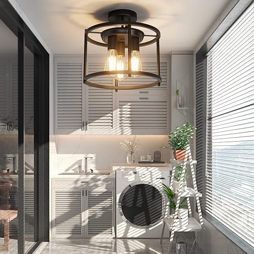 Miniatura 6 de Lámpara de techo semiempotrada de granja, lámpara de techo industrial negra para cocina, estilo rústico, vintage, montaje en techo, 3 luces, lámpara