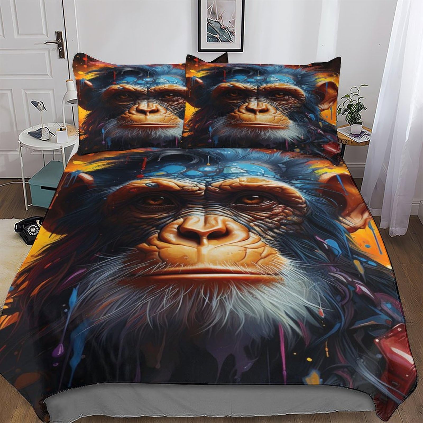 Housse de couette gorille 3D 200x200 cm avec 2 taies d'oreiller assorties en microfibre douce