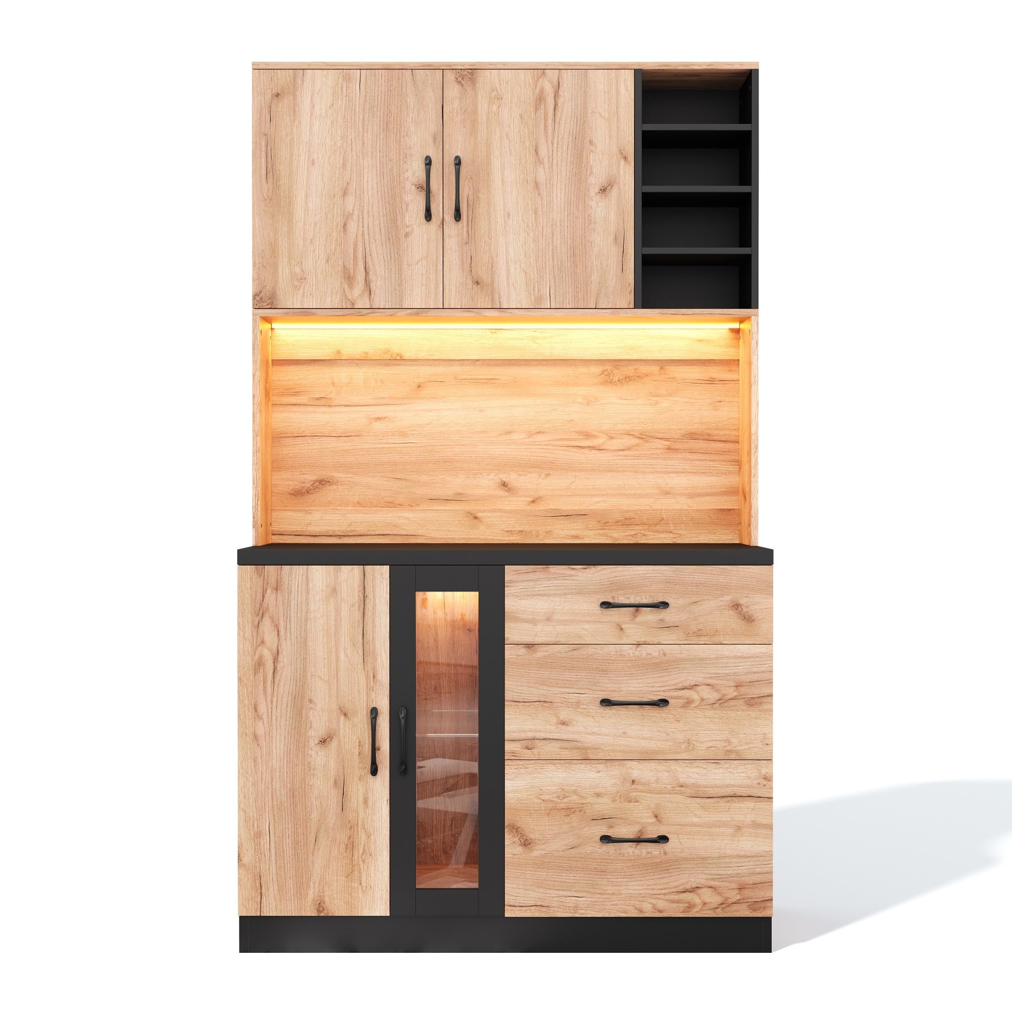 Mobile moderno da cucina, 105 × 38,3 × 180 cm, nero + effetto legno, ripiani regolabili, adatto per cucina, sala da pranzo, soggiorno