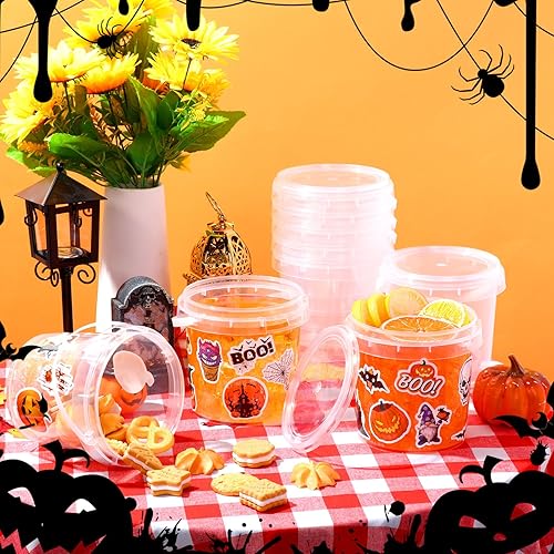 Miniatura 2 de Sliner 20 cubos pequeños para dulces de Halloween de 34 onzas, 100 calcomanías de terror, cubetas de ron de cóctel con tapa y asa para Halloween,