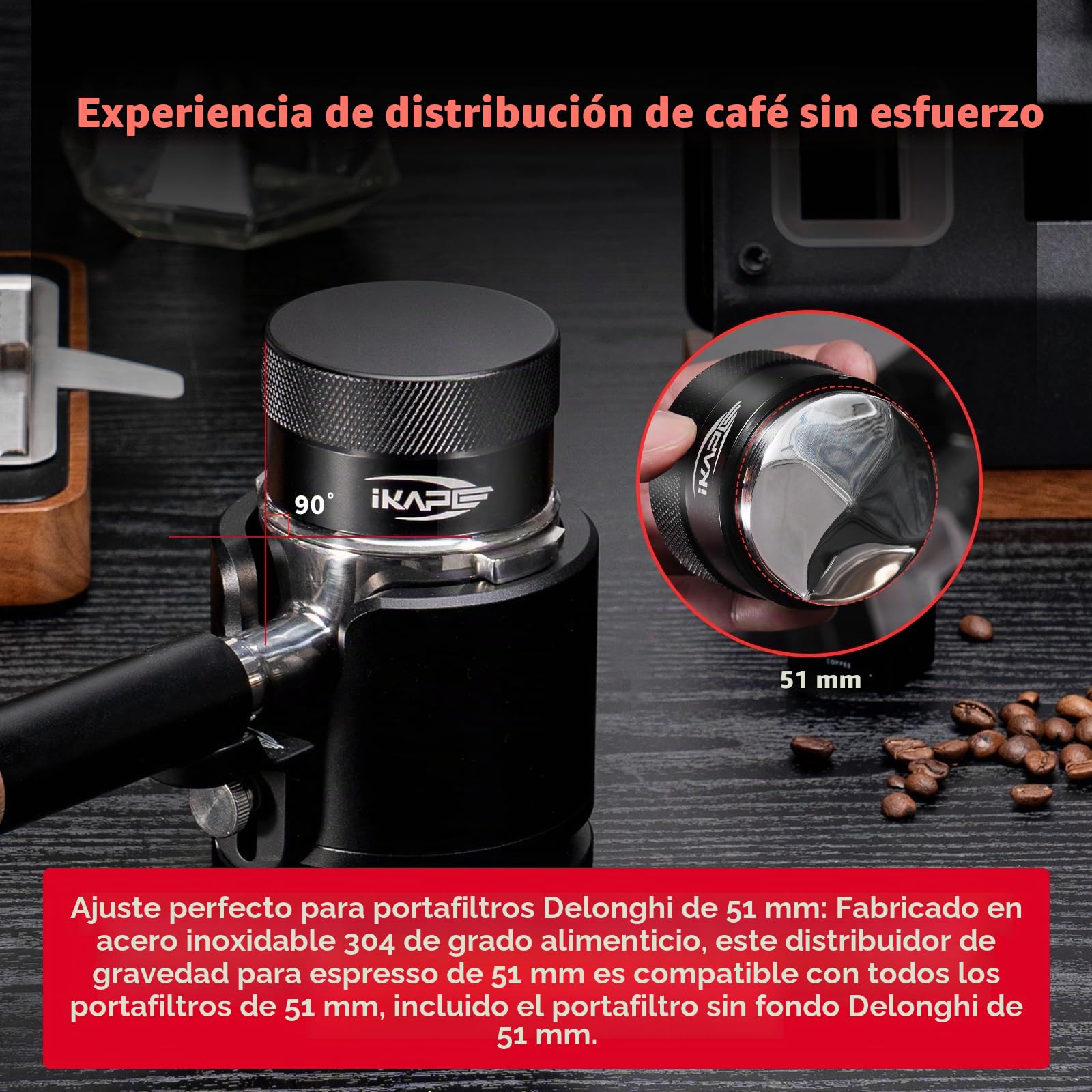 IKAPE Coffee Products, Distribuidor de café de 51 mm, distribuidor de espresso adaptable a la gravedad que se adapta a todos los portafiltros de espresso de 51 mm, compatible con portafiltro sin fondo