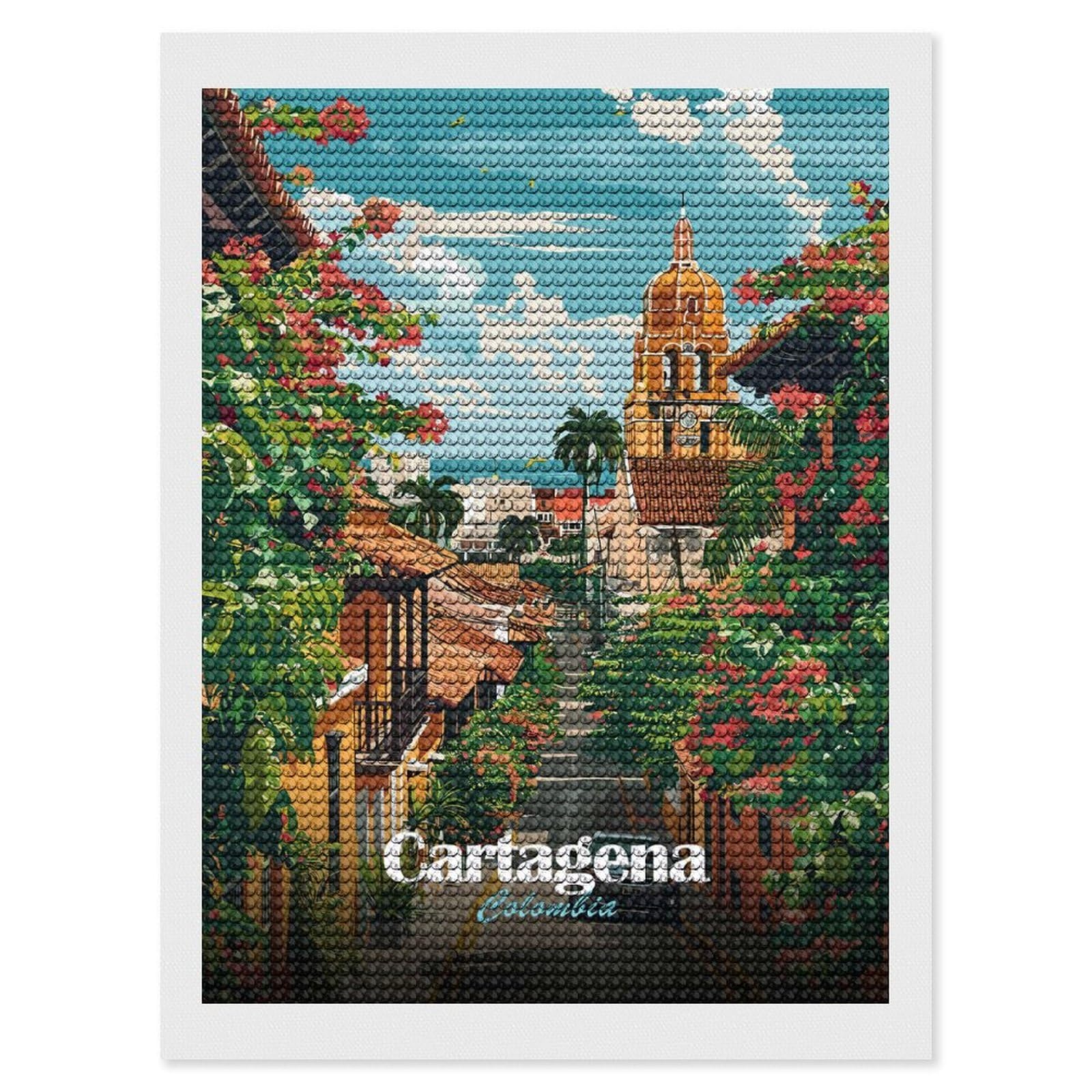 Junmoney Cartagena, Colombia Street View Illustration Full Drill Diamond Painting Kit 12"x16", Sparkling Round Gems, Decorate Your Room, Mindful Craft Activity