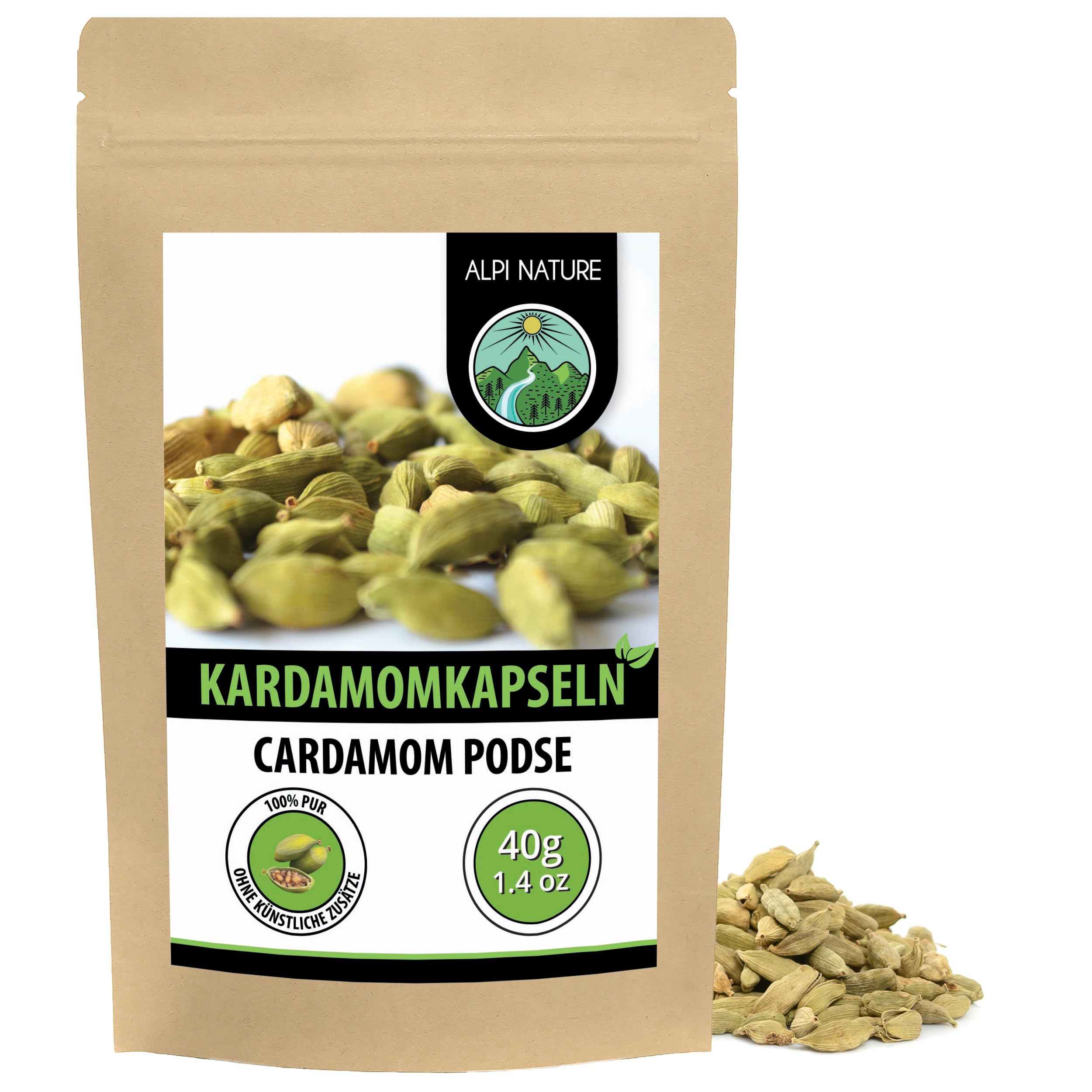 Alpi Nature Kardamomkapseln ganz 40g, Kardamom Samen zur Zubereitung von Elaichi Chai, Kardamom grün ganz