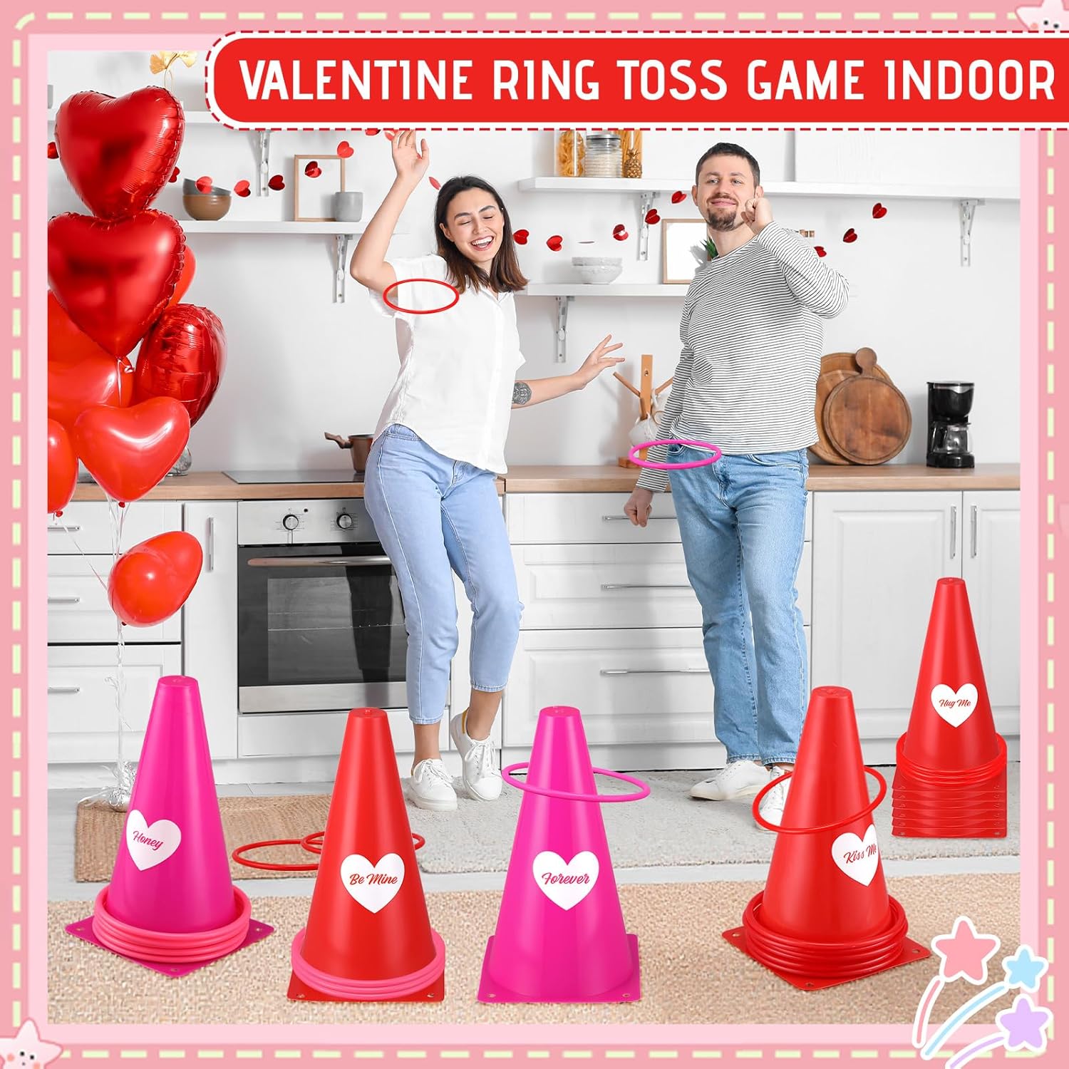 Jenaai 26 Pcs Valentine's Day Ring Toss Game Outdoor Galentines Day Party Games Include 6 Plastic Cones 20 Toss Rings for Adult Family Garden Throwing Toy Supply