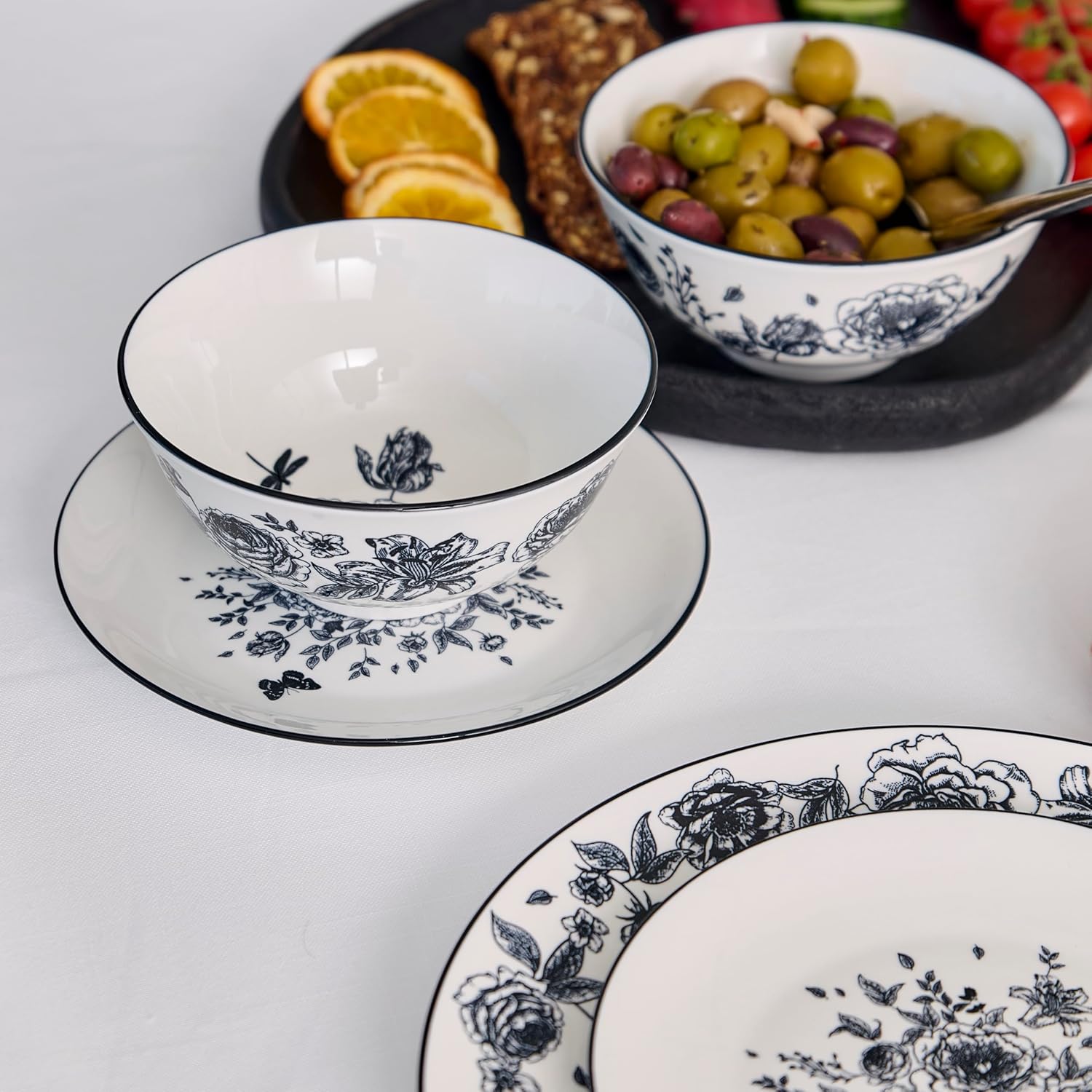 Stone Lain Esme 12-Piece Dinnerware Set Porcelain, Plates and Bowls Set, Dish Set for 4, Microwave and Dishwasher Safe, Black - Image 3