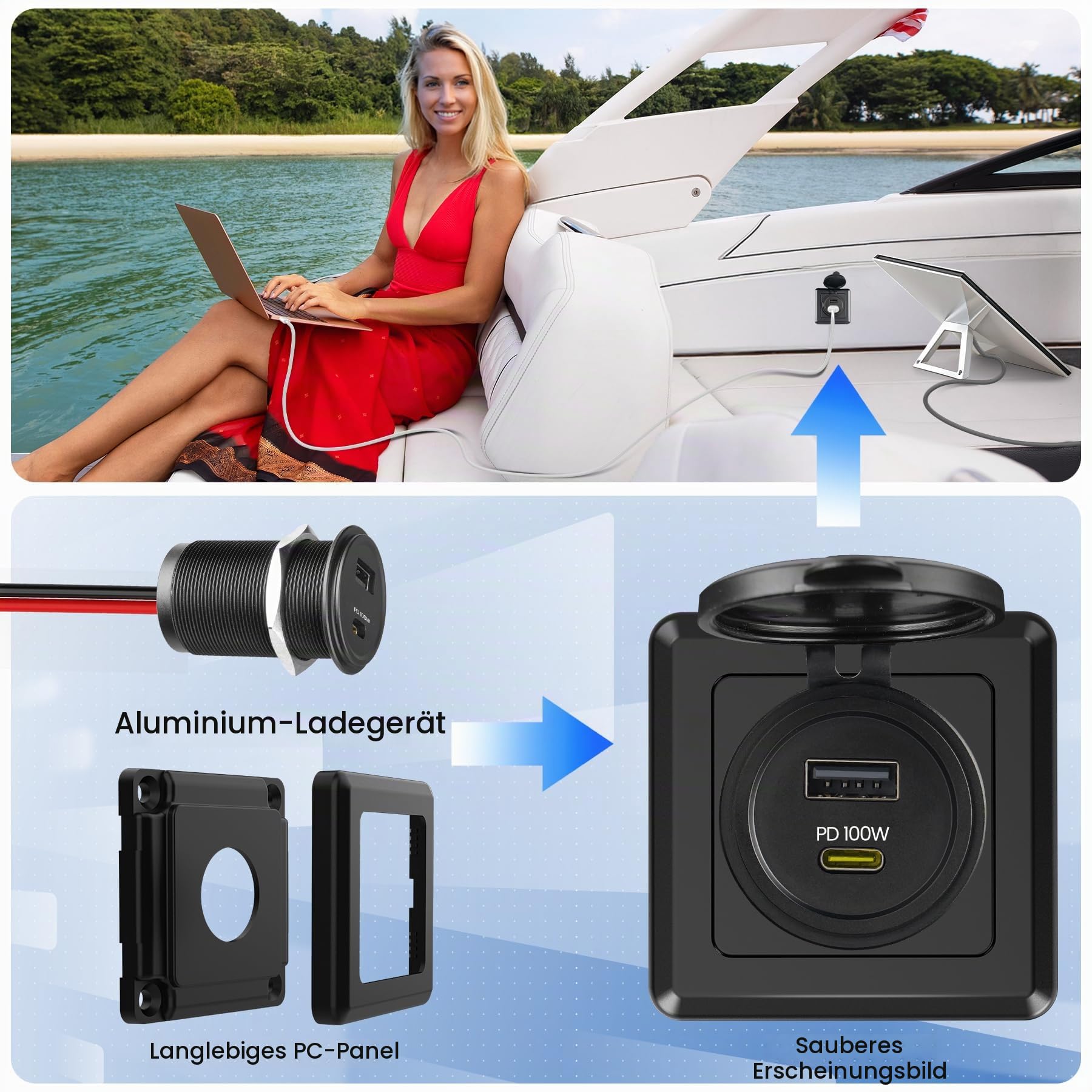 118 W Wohnmobil USB Steckdose, 100 W PD und 18 W USB-A Dual-Port-Steckdose, leistungsstarkes USB-C-Schnellladegerät, Laptop, Tablet, Handys, ideal für Wohnmobil, Boot, Anhänger (1er-Pack) (1er-Pack)