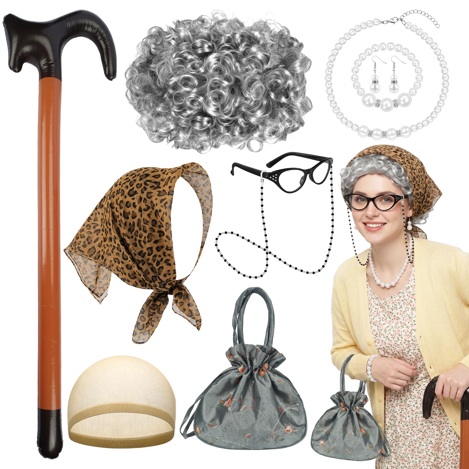 Lrrtdepy 9Pcs Old Lady Grandma Costume, Granny Fancy Dress with Wig Inflatable Cane Leopard Headscarf Glasses with Chain, Pearl Pearl Jewelry Handbag for Halloween Cosplay Themed Parties Dress-up