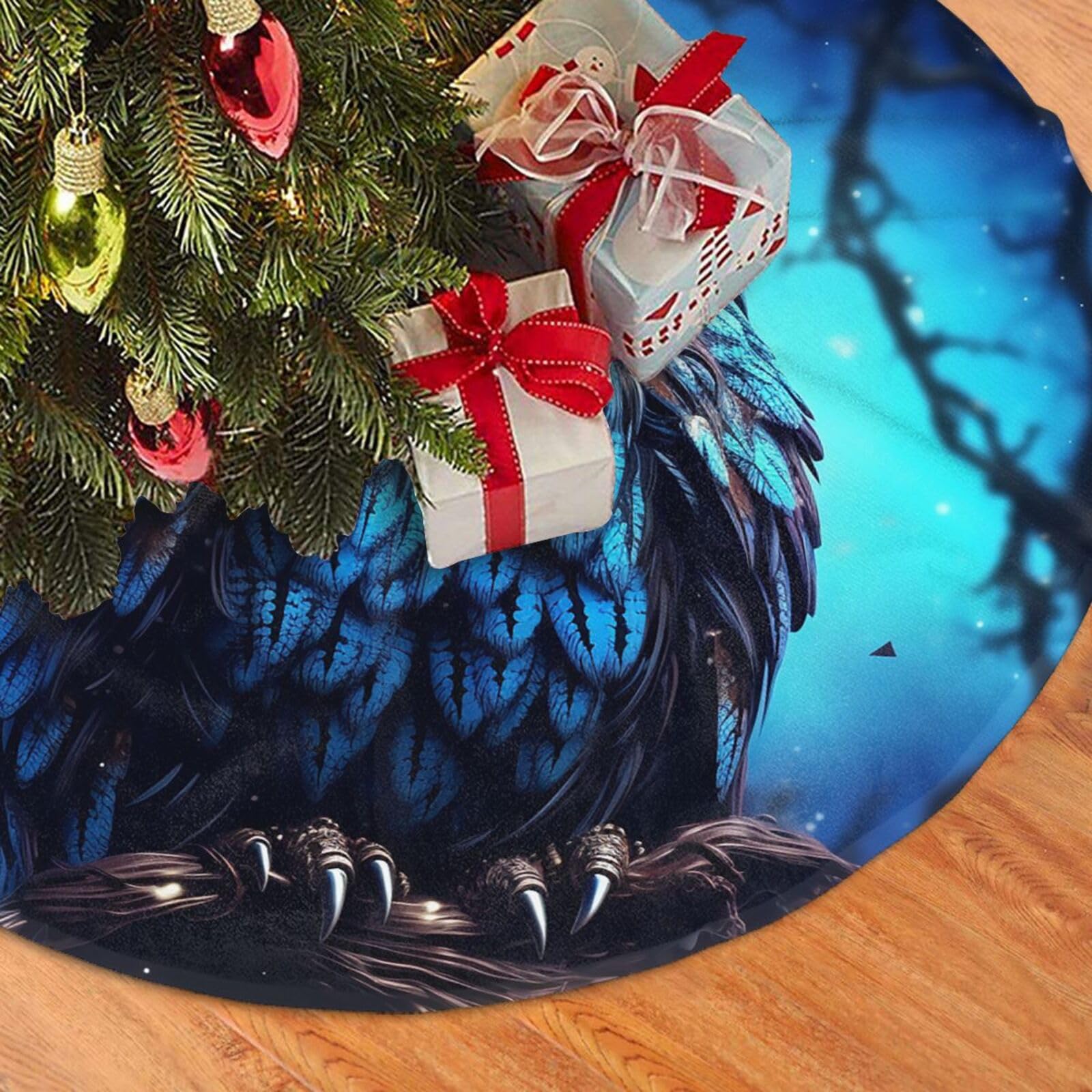 Fodpand Black Blue Owl Christmas Tree Skirt 36" Velvet Xmas Tree Skirt Mat Rustic Christmas Tree Mat Cover Winter Xmas Tree Collar For Indoor Outdoor Christmas Decorations