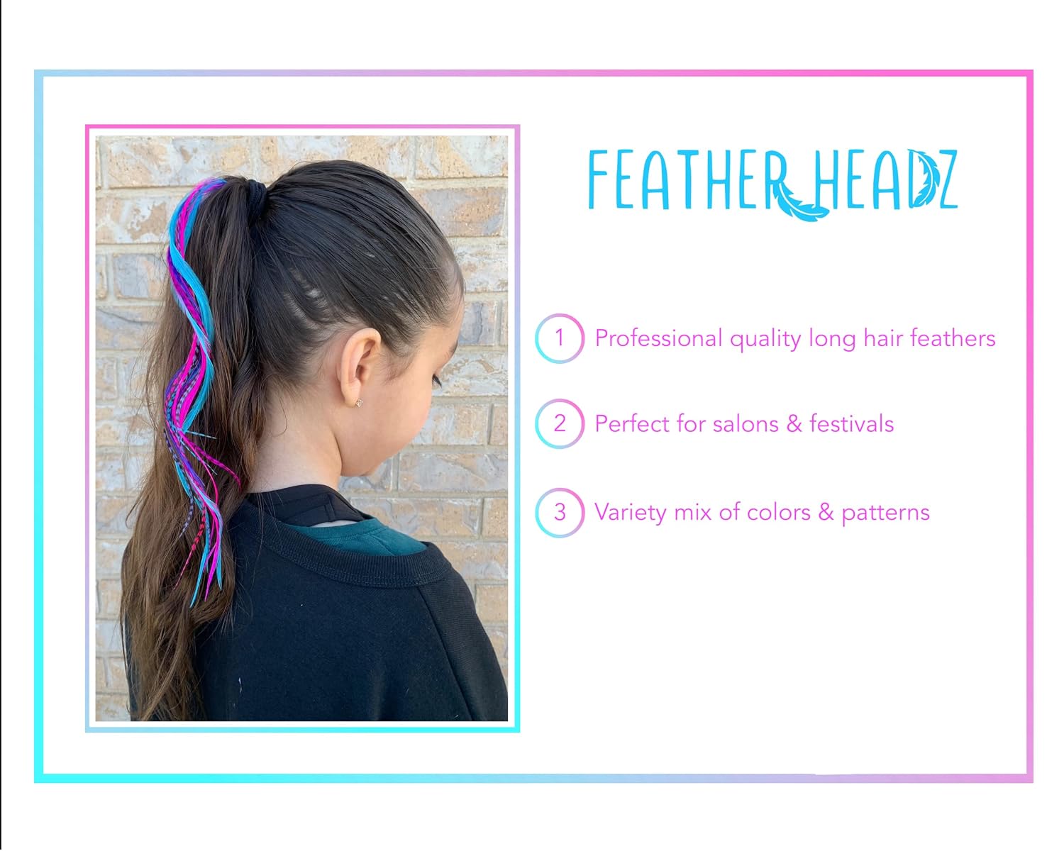 50 Purple Pink & Turquoise Color Hair Feathers - 9”- 14” Long - Feathers for Hair Extension, Hair Extension DIY Kit - Eye-Catching Design - 50 Micro-link Beads - 100% Real Rooster Feathers
