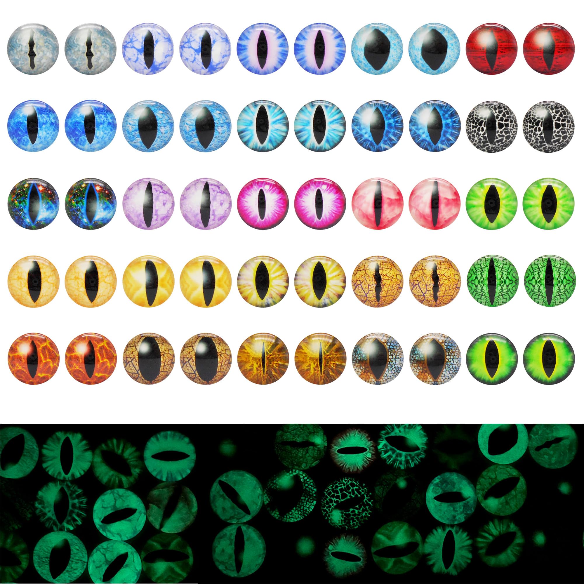 Julie Wang 40PCS 16MM Glow in The Dark Dragon Eyes Animal Vertical Slit Pupil Eye Glass Cabochon for Sculptures Props Jewelry Crafts Making