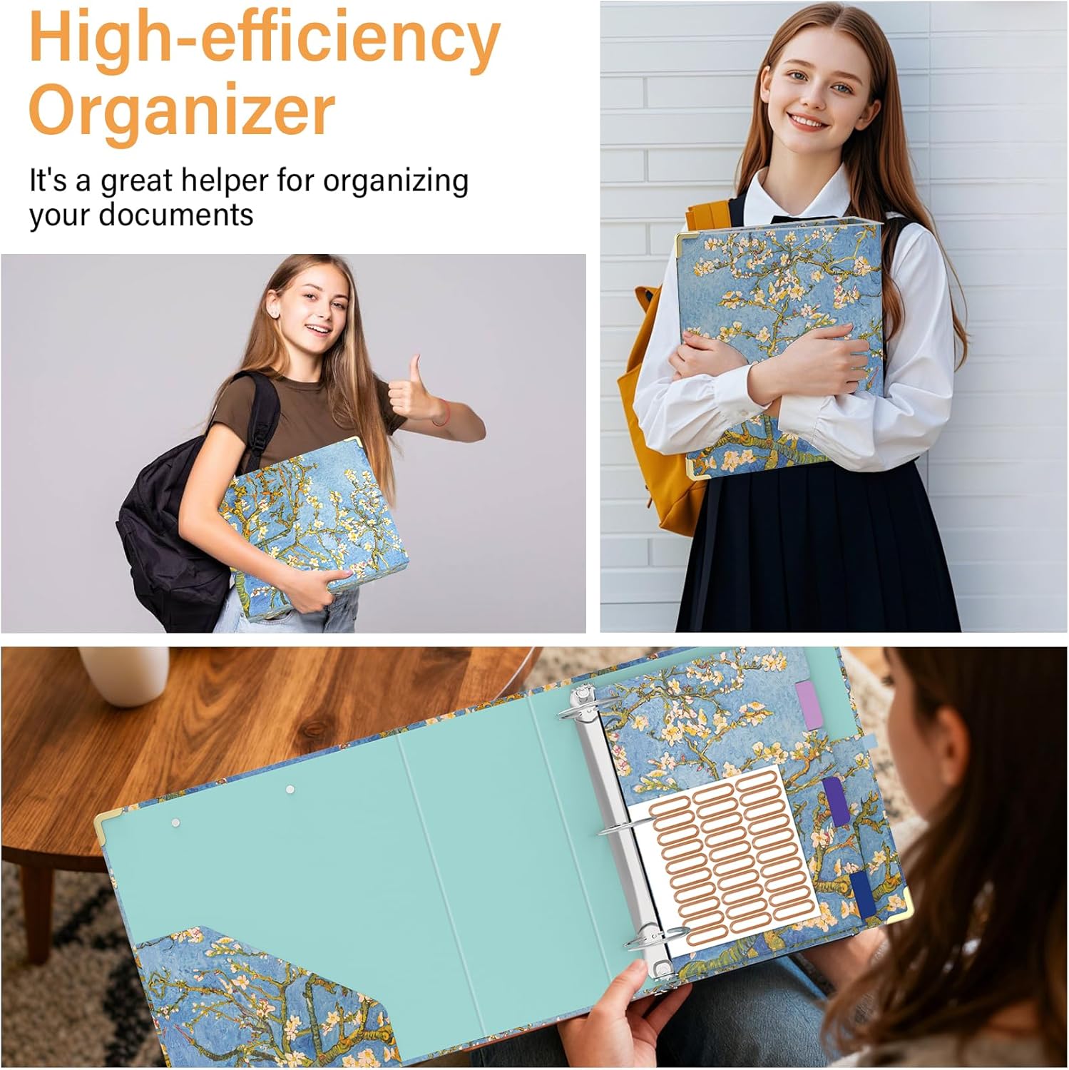 3 Inch 3 Ring Binder with 6 Tab Dividers, 3'' Round Ring Binders for Letter Size, Cute Folders Organizer Clipboard with Storage for School Office Supplies(Almond Tree)