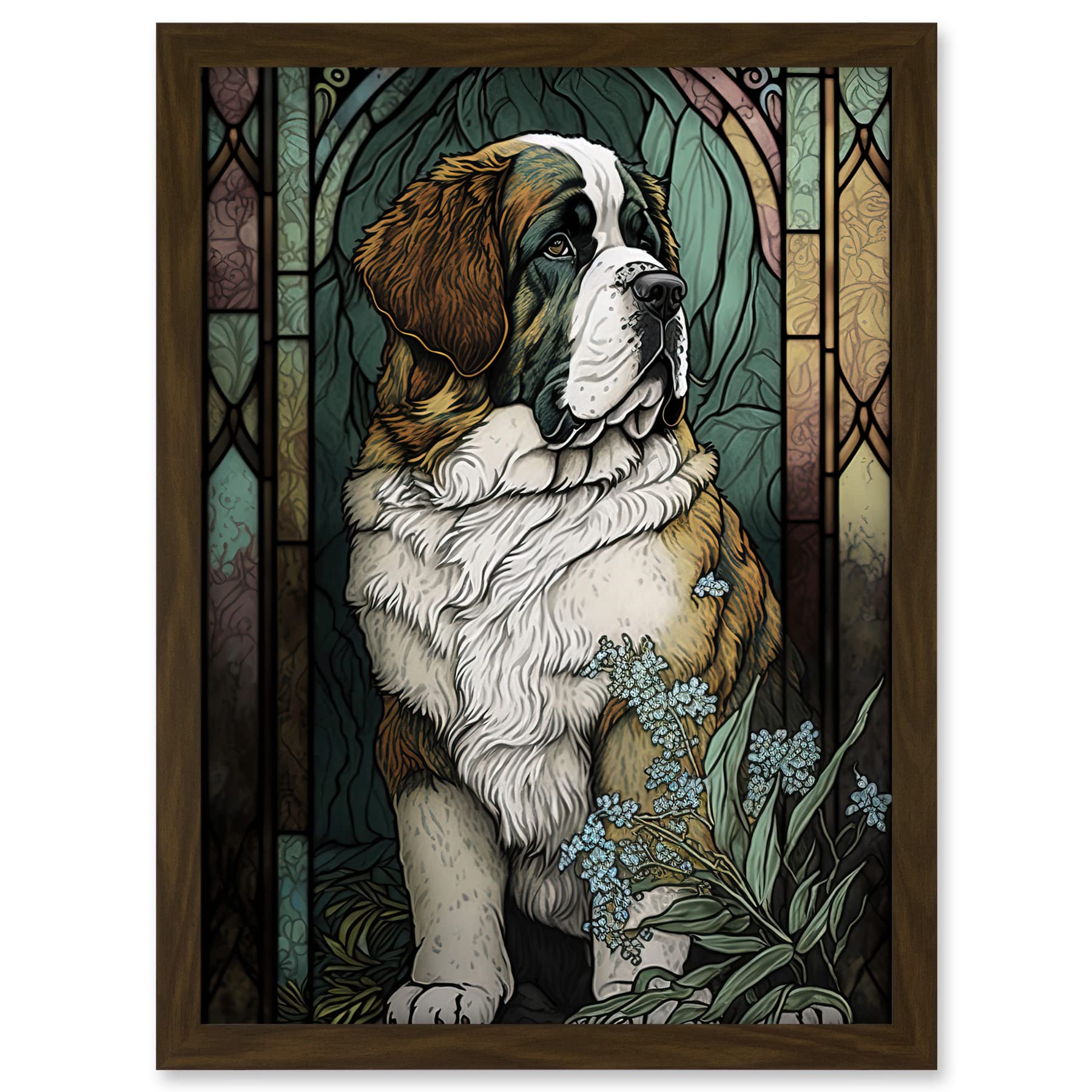 Artery8 St Bernard Dog with Silvery Lupine Flowers Modern Art Nouveau Illustration Artwork Framed A3 Wall Art Print