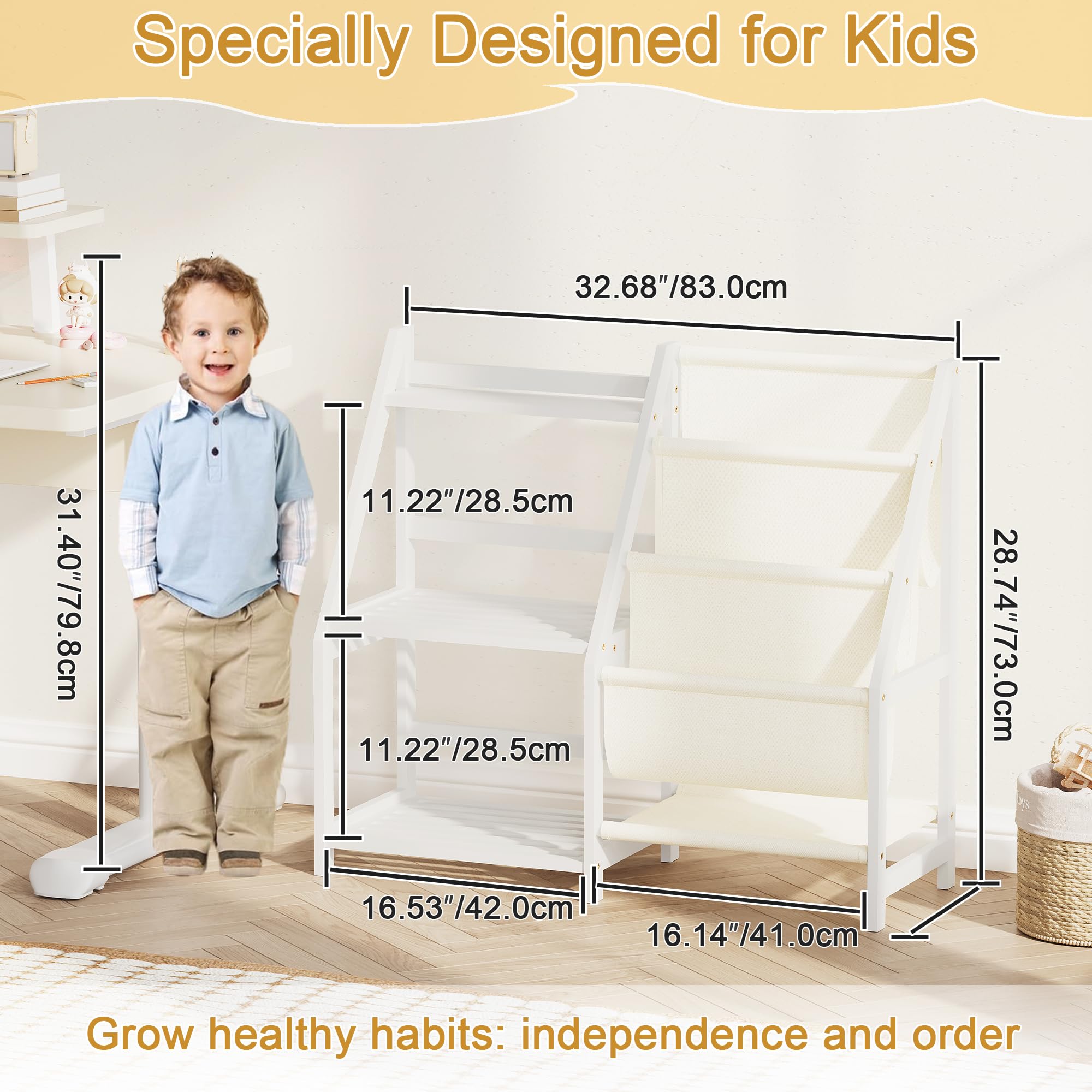 BAMBANG Kinder Bücherregal aus Bambus, 3-stufiges Montessori Kinderregal für Bücher & Spielzeug, Bücherregal Kinderzimmer & Babyzimmer – Weiß