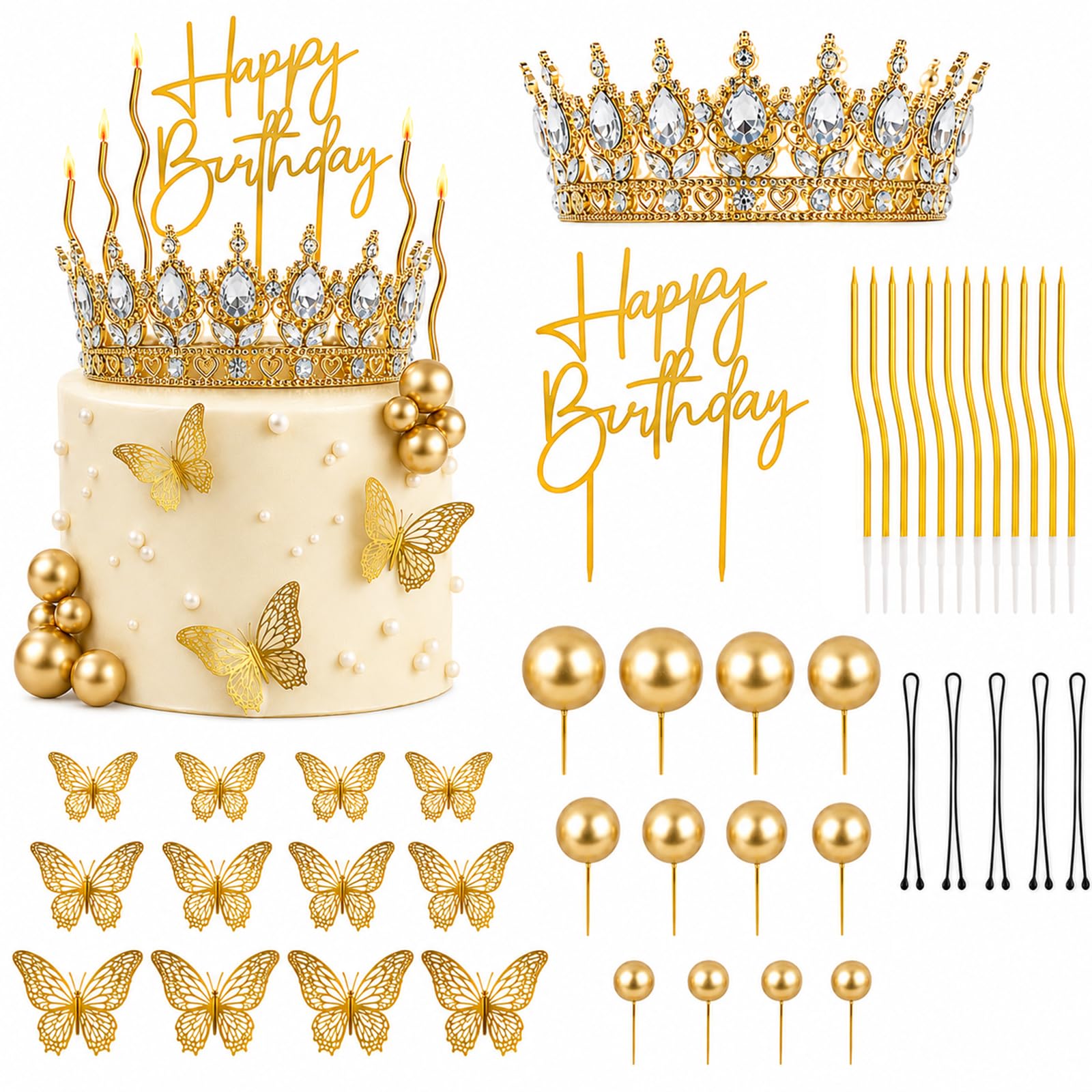 35Pcs Crown Cake Topper Gold Happy Birthday Crown Cake Toppers