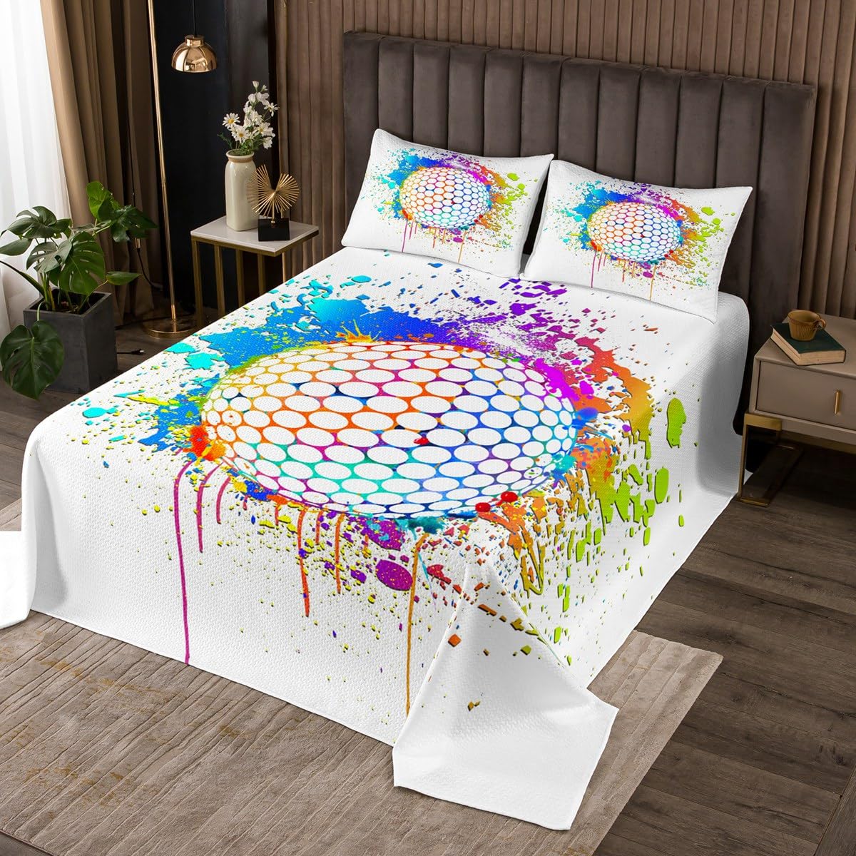 Golf Bedspread Set Queen Size for Kids,Boys Girls Watercolor Tie-dye Quilt Set Golf Ball Bedspread Coverlet White Hippie Graffiti Bedspread 3 Piece Decorative Bedding Quilted with 2 Pillow Shams