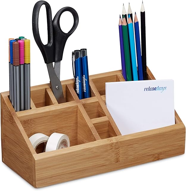 Relaxdays Bamboo Desk Organiser, Pencil Holder, 10 Compartments, Wood Grain, Size: 10 x 23 x 10 cm, Natural Brown