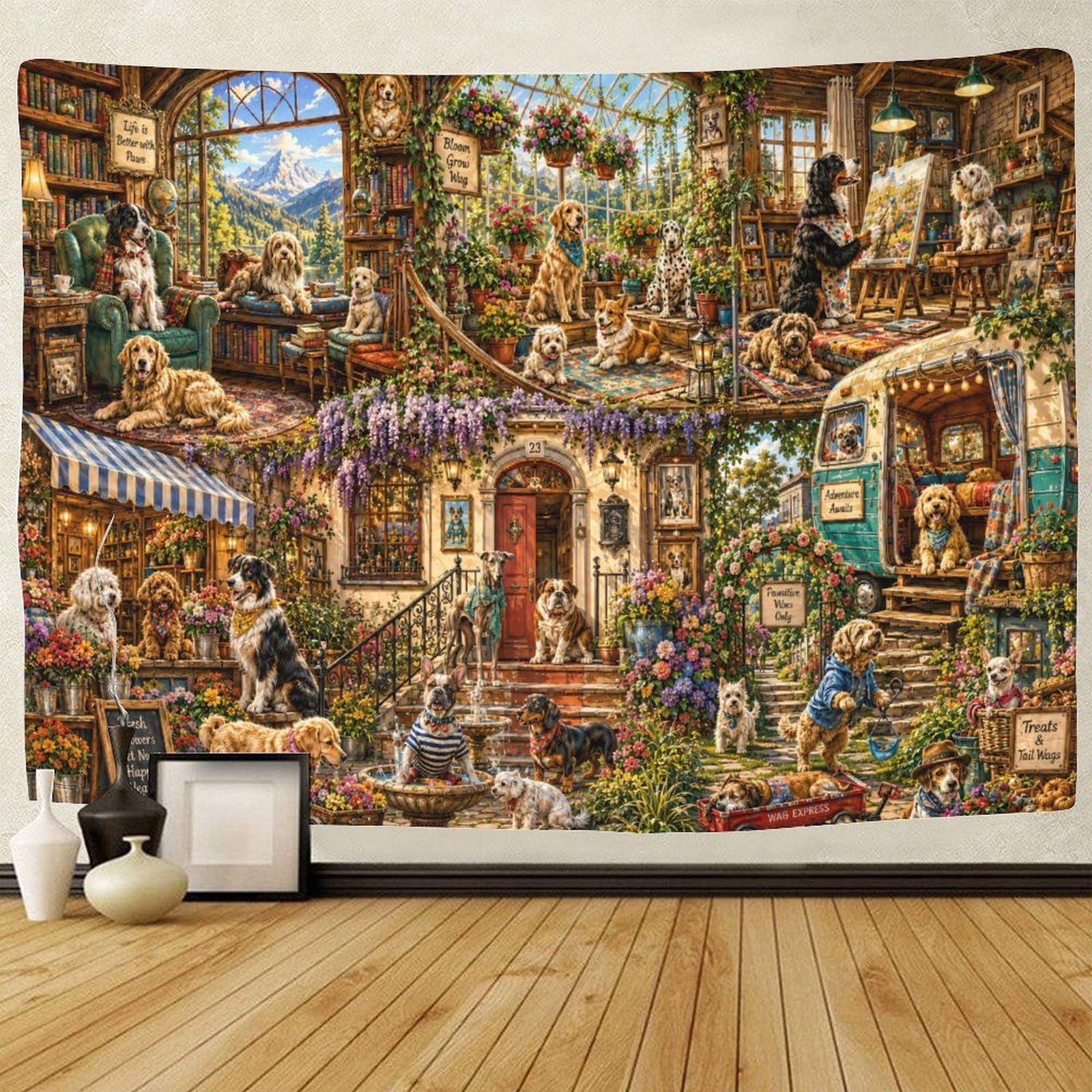 GPMNBCXZK Vibrant Dog Village 3D Print Tapestry Wall Art Decor Wall Hanging Decor Tapestries Home Decoration Curtain Bedroom Living Room 180cmx230cm
