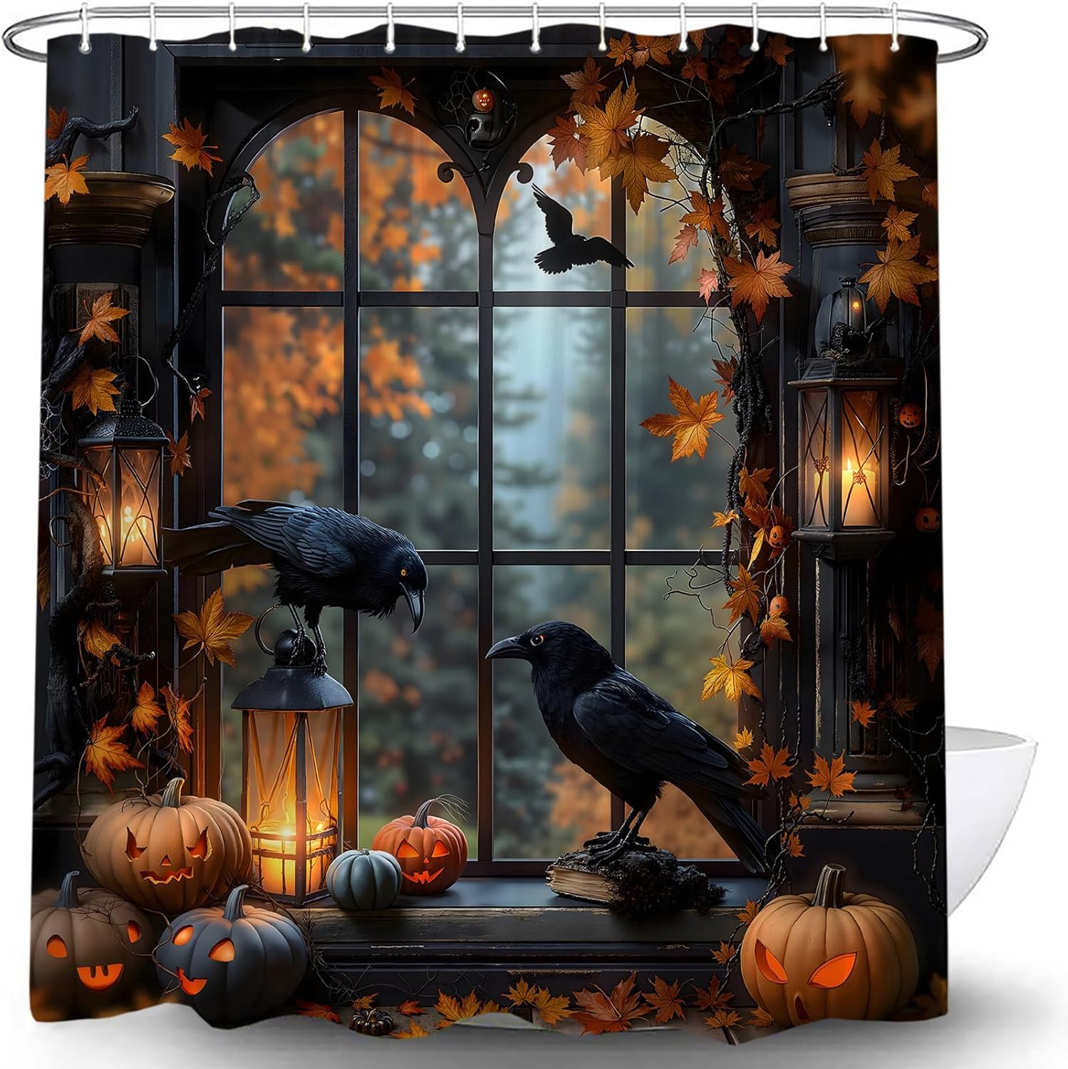 Orange Halloween Pumpkin Shower Curtain Scary Black Crow Gothic Castle Retro Window Horror Vintage Fall Autumn Maple Leaves Spooky Bathroom Curtain with Hooks