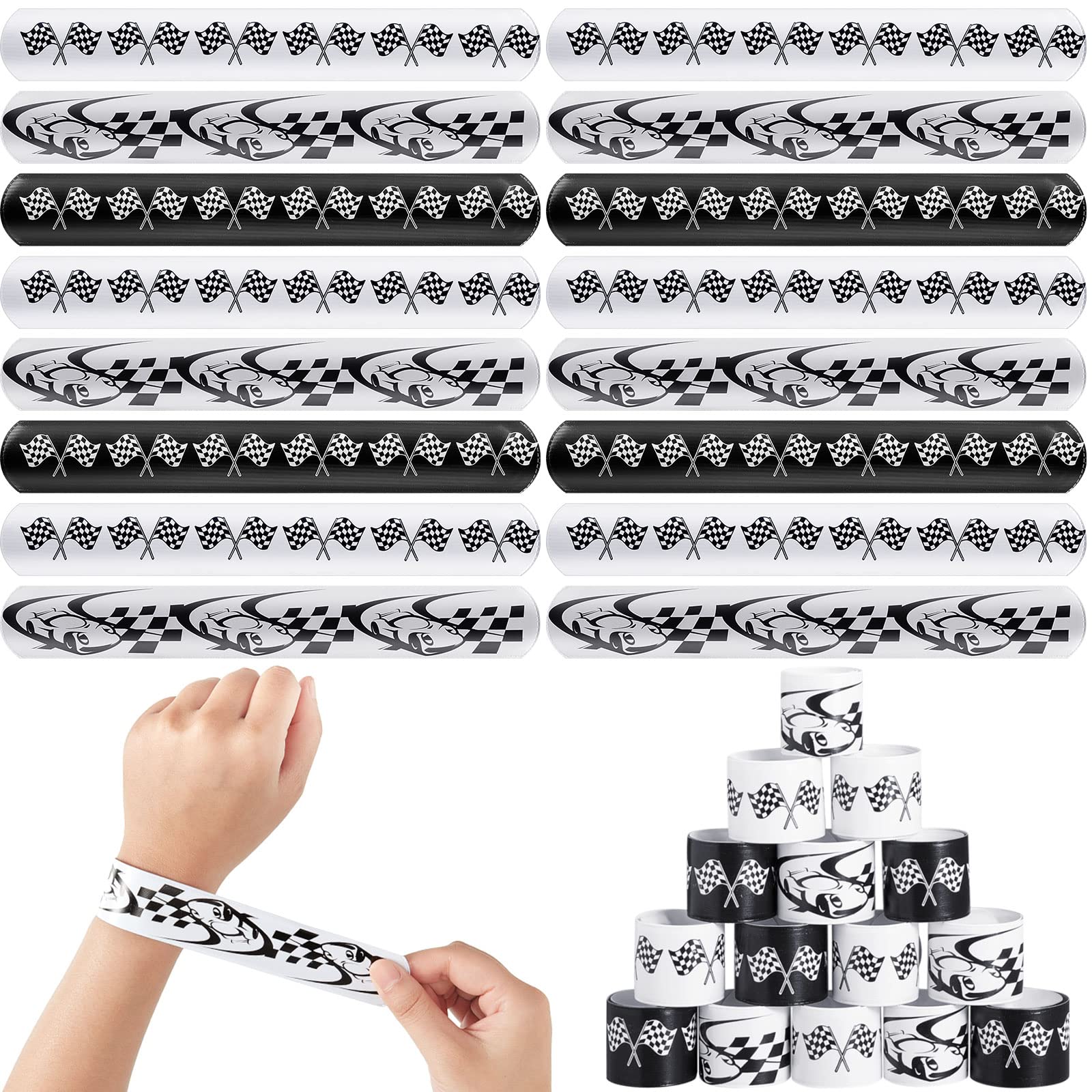 LewtemiLewtemi 96 Pcs PVC Car Slap Bracelets Race Car Party Favors Checkered Flag Slap Bracelet Snap Bands Bulk Rolls Racing Wristbands Car Party Decorations Favors for Car Party Birthday Sports Events