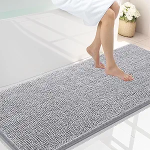 Smiry Luxury Chenille Bathroom Rugs 59x24, Extra Soft and Absorbent Shaggy Bath Mat, Machine Washable, Non-Slip Plush Carpet Runner for Tub, Shower, and Floor, Home Decor Accessories, Light Grey