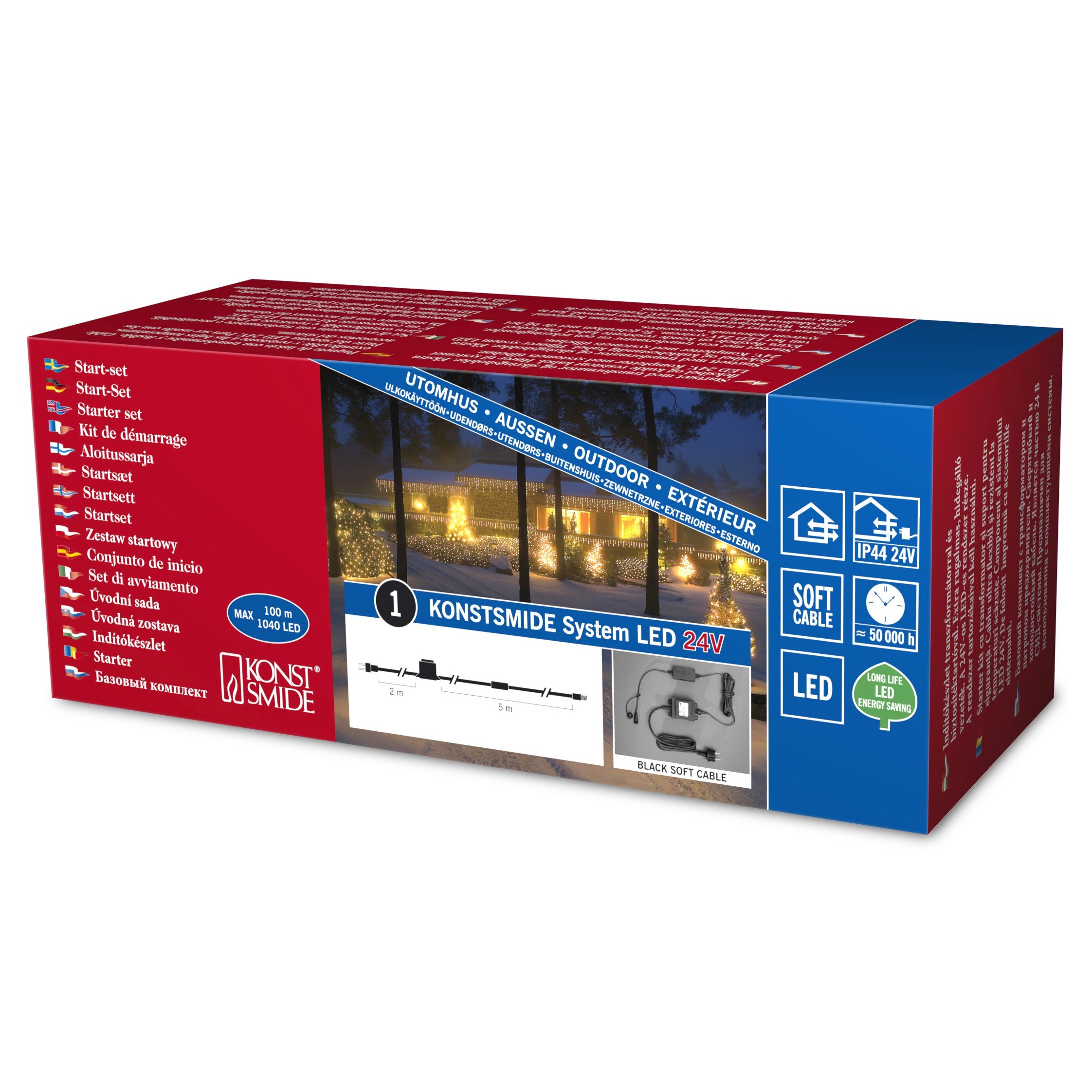 Konstsmide LED System Anschlusskabel für 1040 Dioden / 100 Meter, inkl. Feinsicherung t1.25 A (2 x Ersatzsicherung), 24V Außentrafo. 60 VA (IP44), schwarzes Soft-Kabel - 4600-007