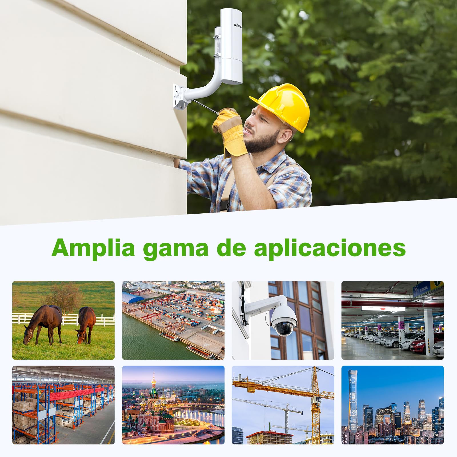 AdaLov CPE366 Puente Inalámbrico Exterior Gigabit 5.8GHz, Wireless Bridge Punto a Punto/Multipunto con Soporte, Plug and Play, Extensión de Red para CCTV/Cámaras/Jardín/Garaje/Taller, Impermeable, PoE