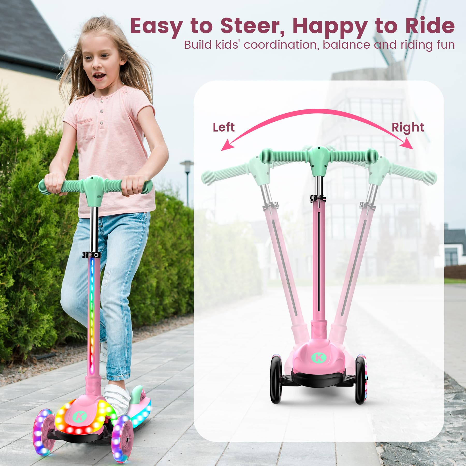 Trottinette Enfant 3 en 1 - Trotinette 3 Roues avec Siège Amovible et Clignotant LED,Hauteur Ajustable, Trottinette Bébé à Partir de 2 Ans (Rose foncé) en destockage et reconditionné chez