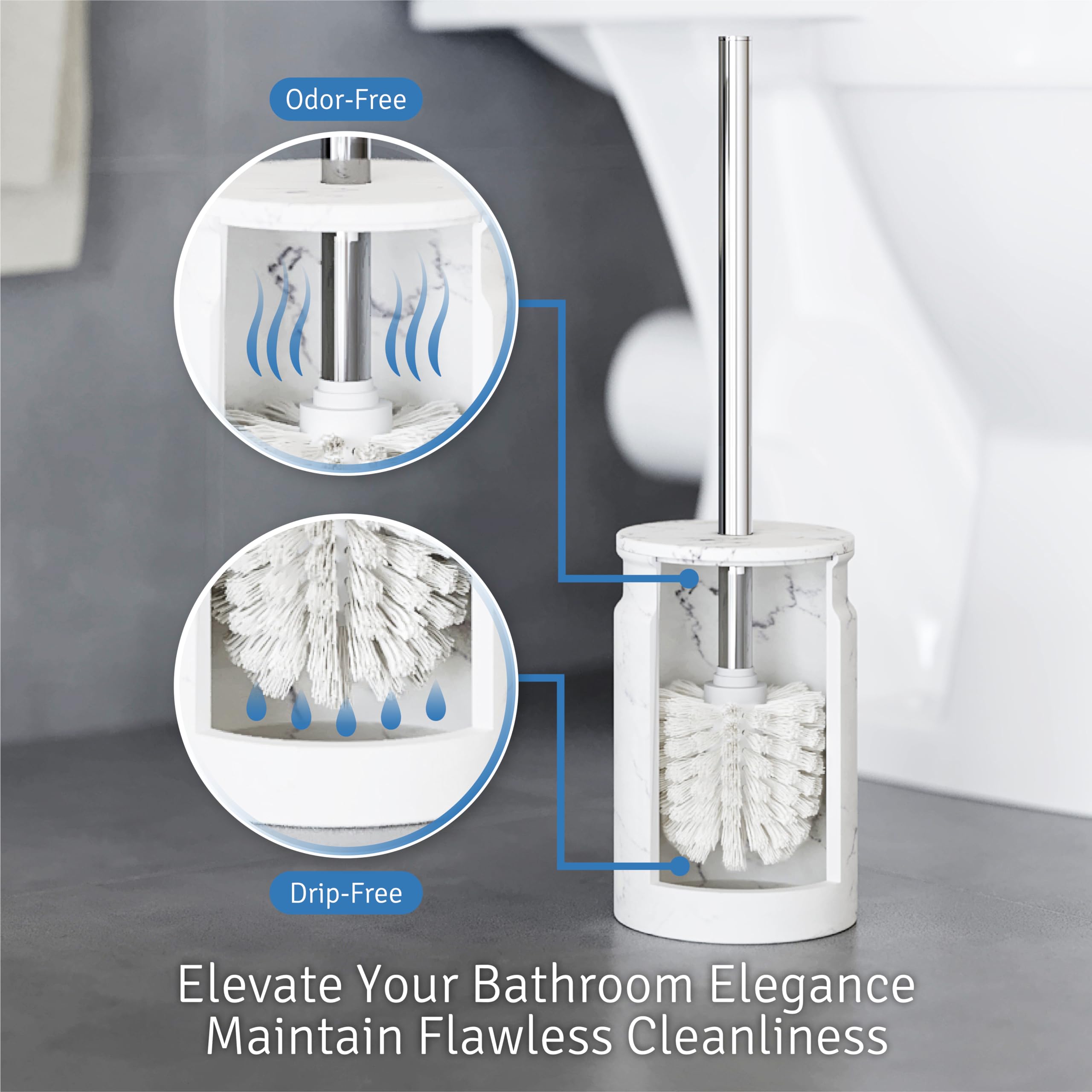 Juego de escobilla de inodoro y soporte, cepillo de inodoro y soporte con cerdas resistentes para una limpieza profunda, accesorios de baño de mármol blanco, cepillo limpiador de inodoro con diseño