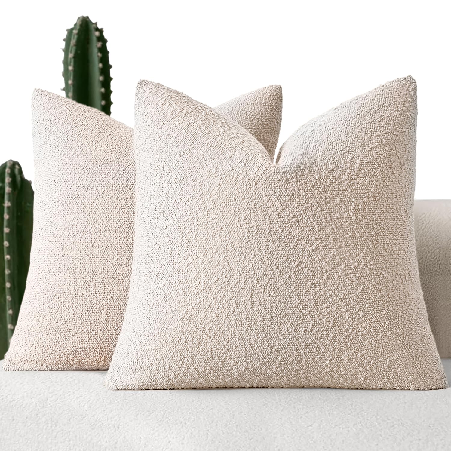 MIULEE 20x20 Inch Decorative Pillow Covers for Couch Bed Set of 2 Textured Boucle Neutral Throw Pillows Natural Beige Accent Solid Cushion Pillowcase Cozy Soft Sofa Livingroom Home Decor