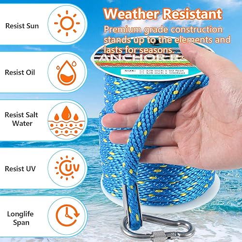 Miniatura 10 de Cuerda de anclaje de 100 pies, línea de anclaje MFP trenzada sólida de alta calidad con dedal de acero inoxidable 316, cuerda de anclaje de barco de