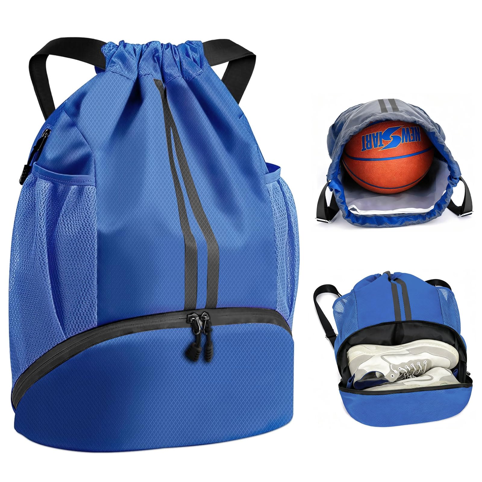 Fjquamitix Drawstring Bags,Waterproof PE Bag,Sports Swimming Backpack Large Unisex Gym Bag with Shoe Compartment Wet And Dry Separation For Travel, School, Beach,Sports (blue)