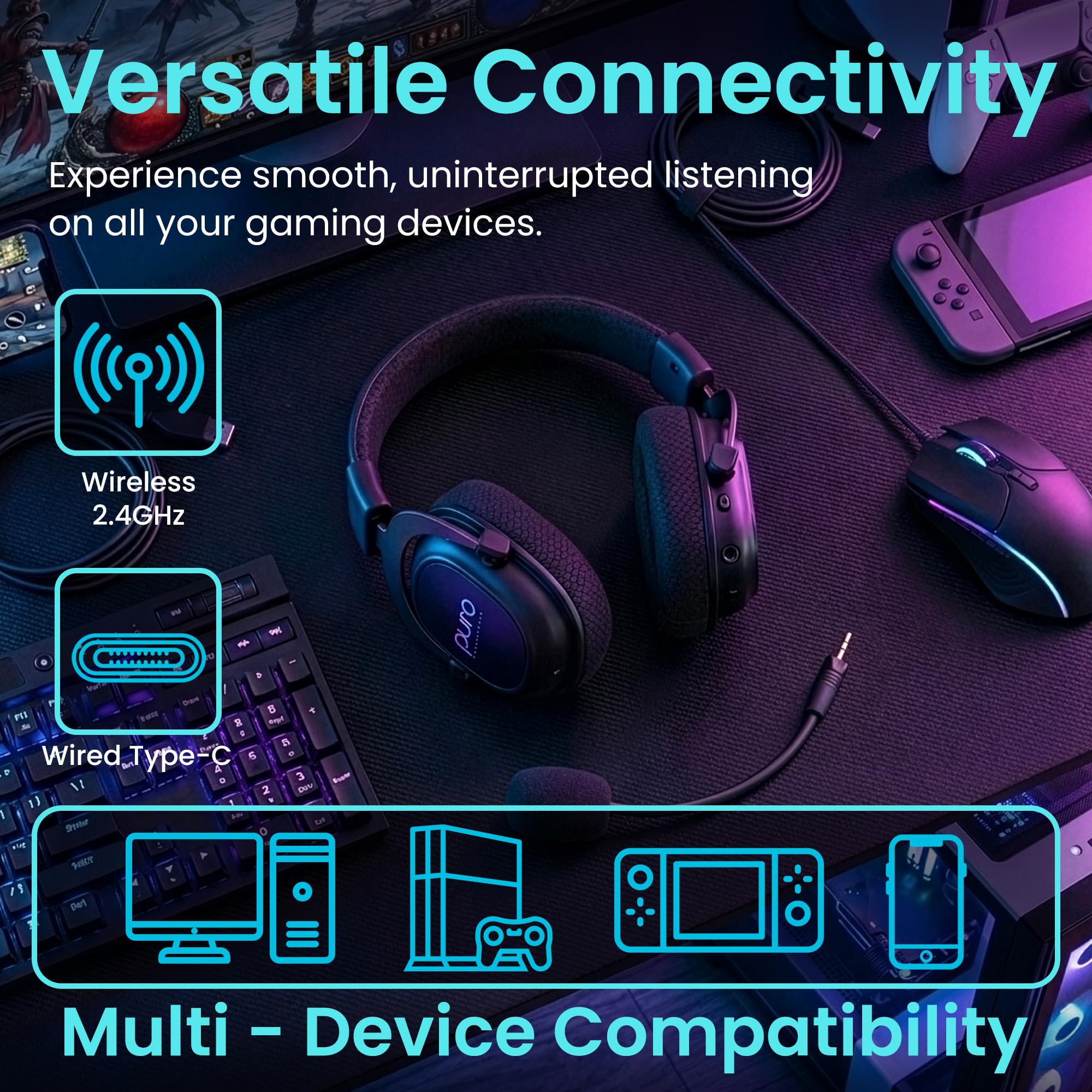 Puro Sound Labs PuroGamer-BT Casque de jeu sans fil, limitation du volume 85 dB, connectivité tri-mode, microphone amovible à 360 °, autonomie de la batterie de 32 heures, faible latence, design