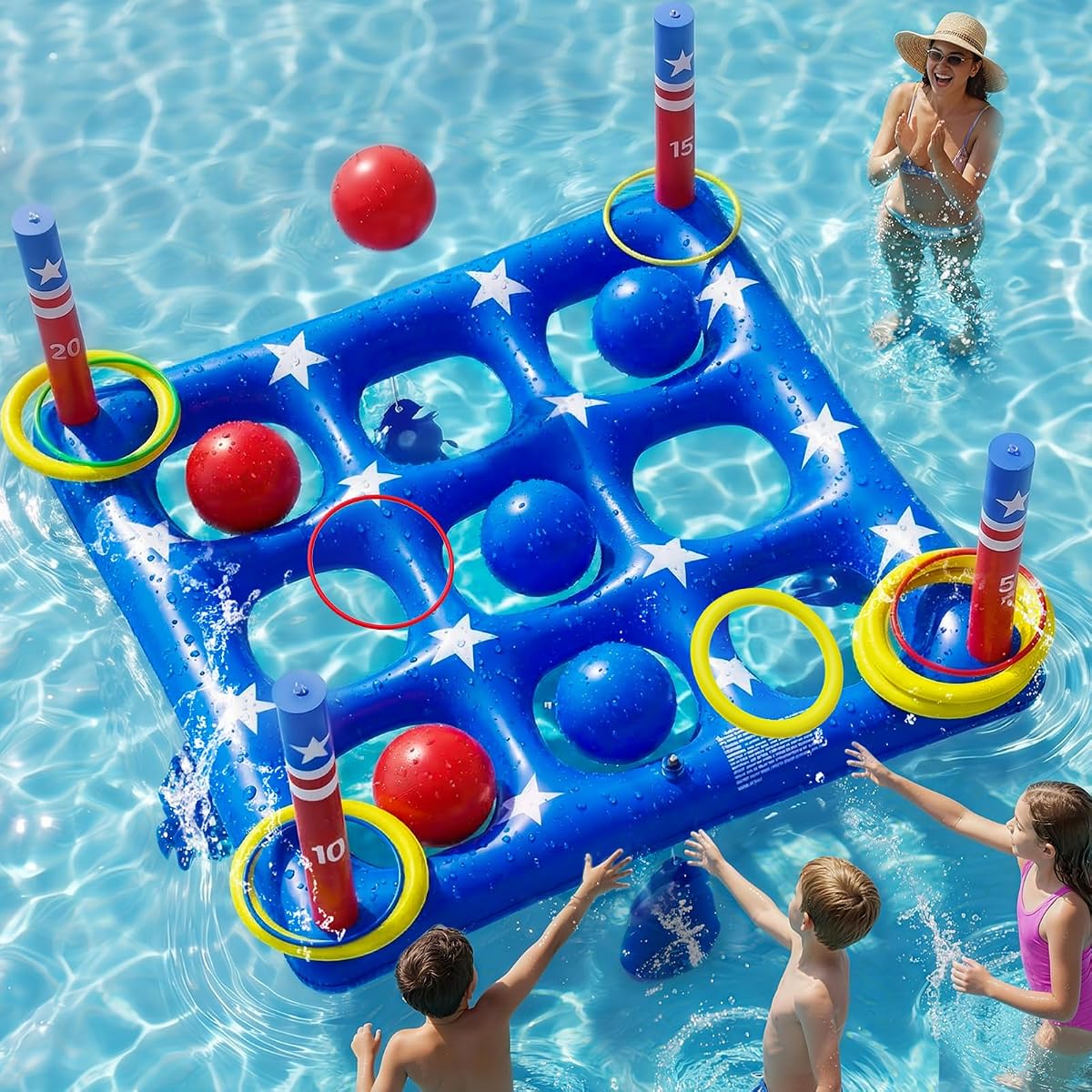Pool Party Toys Games Set - Giant Inflatable Tic Tac Toe Float Game | Outdoor Pool Games for Adults Kids Family Pool Toys for 2-10 Players, Fun Swimming Activity with 10 Balls for Ages 6+(34pcs)