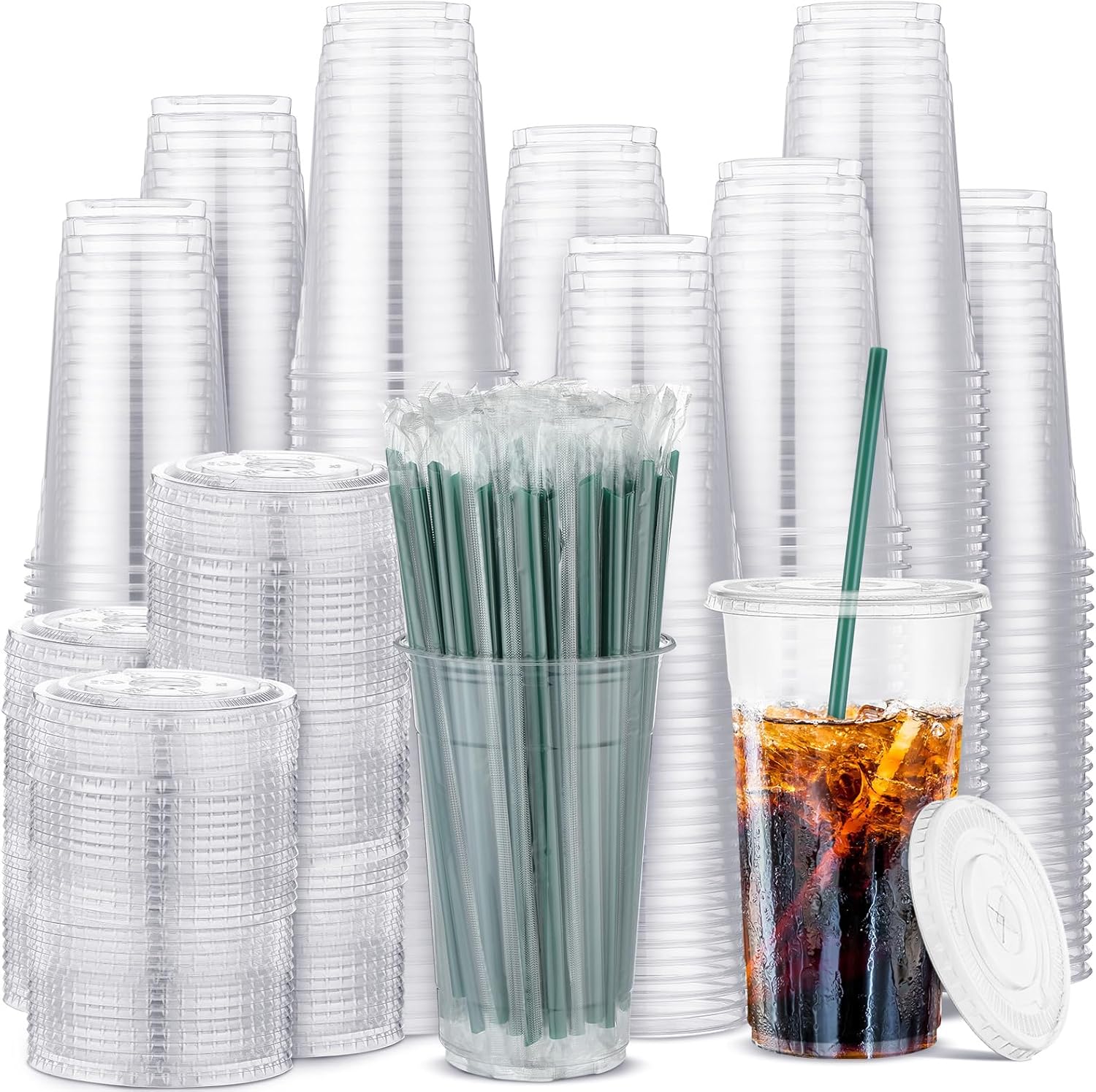 Hushee 500 Sets 32 oz Clear Plastic Cups with Lids and Individually Wrapped Straws Disposable PET Cups for Iced Coffee Cold Drinks Smoothie Juice Parfait Milkshake Parties