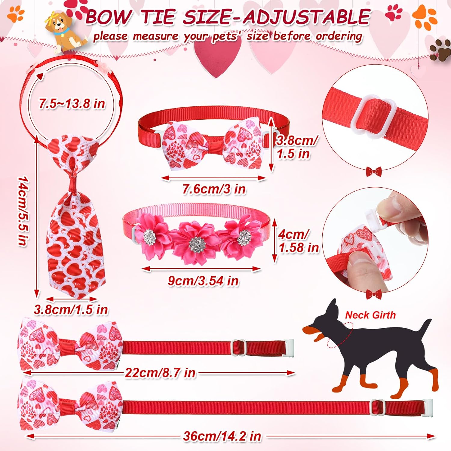 Reginary 70 Pcs Valentine Day Dog Bow Ties Basic Collar Set Holiday Adjustable Puppy Neckties Red Pink Flower Heart Butterfly Rhinestone Pet Bows Grooming Accessories for Small Cat Pet Gift Supplies