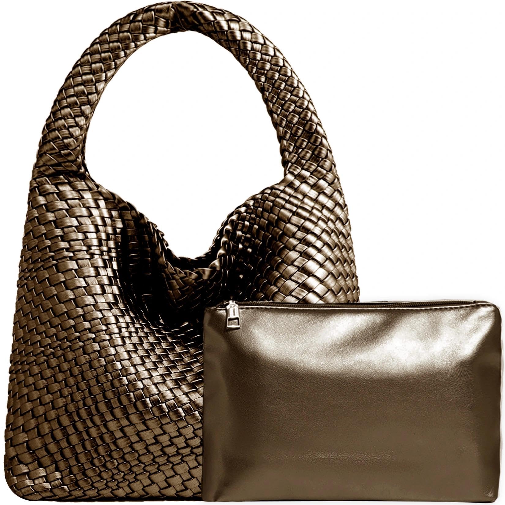 Women Vegan Leather Hand-Woven Tote Handbag Fashion Shoulder Top-handle Bag All-Match Underarm Bag with Purse