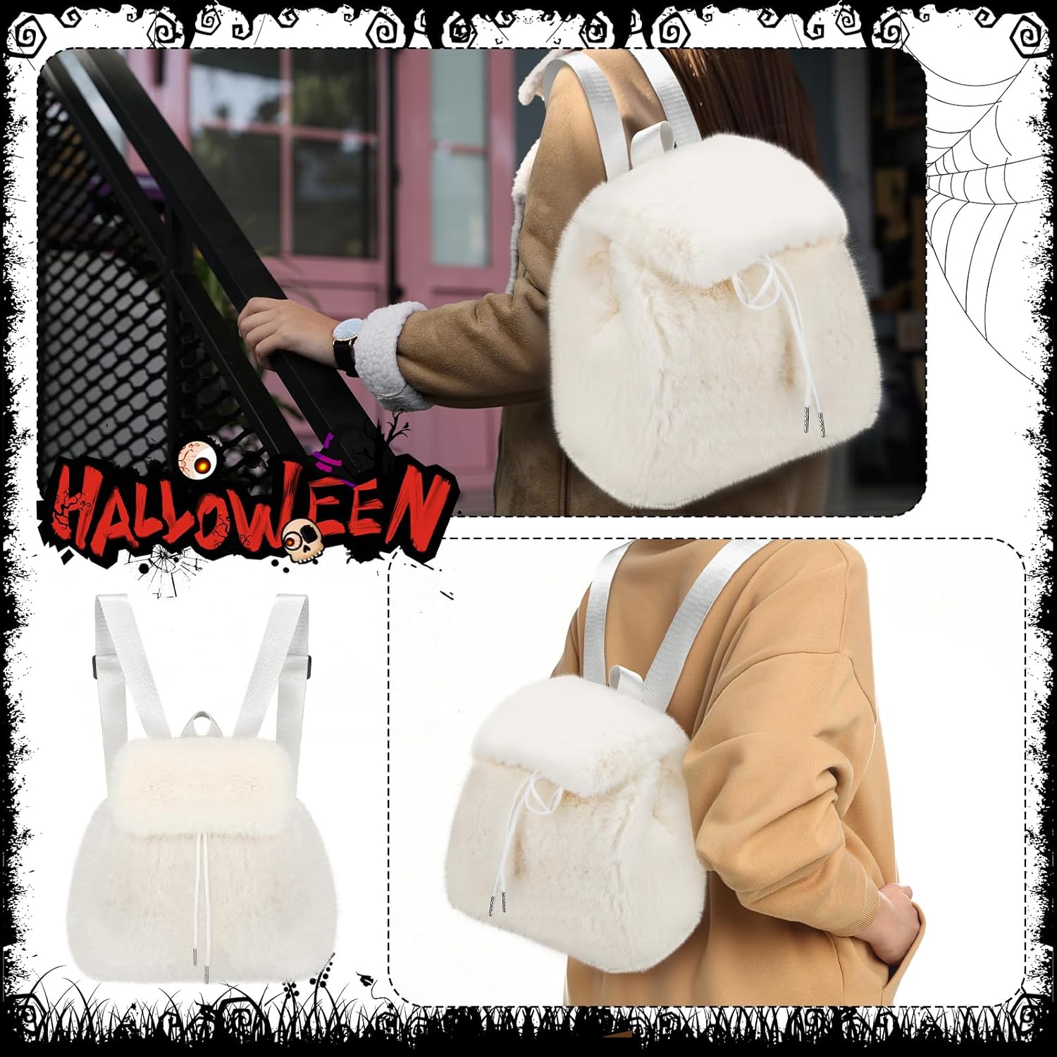 Abbylike White Fuzzy Backpack for Adults Fuzzy Furry Backpack with Adjustable Strap Plush Bag Clothing Accessories for Halloween Official Movie Costume - Image 5