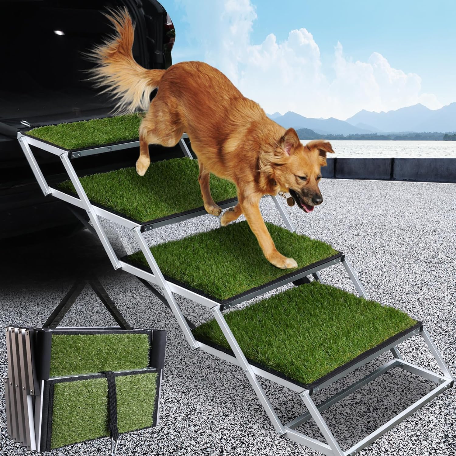 SDLDEER 4 Steps Dog Steps for Car, Folding Dog Stairs for Large Dogs, Extra Wide Nonslip Artificial Turf Surface Telescoping Portable Dog Ramp for Cars, SUV, Trucks, Supports up to 113KG