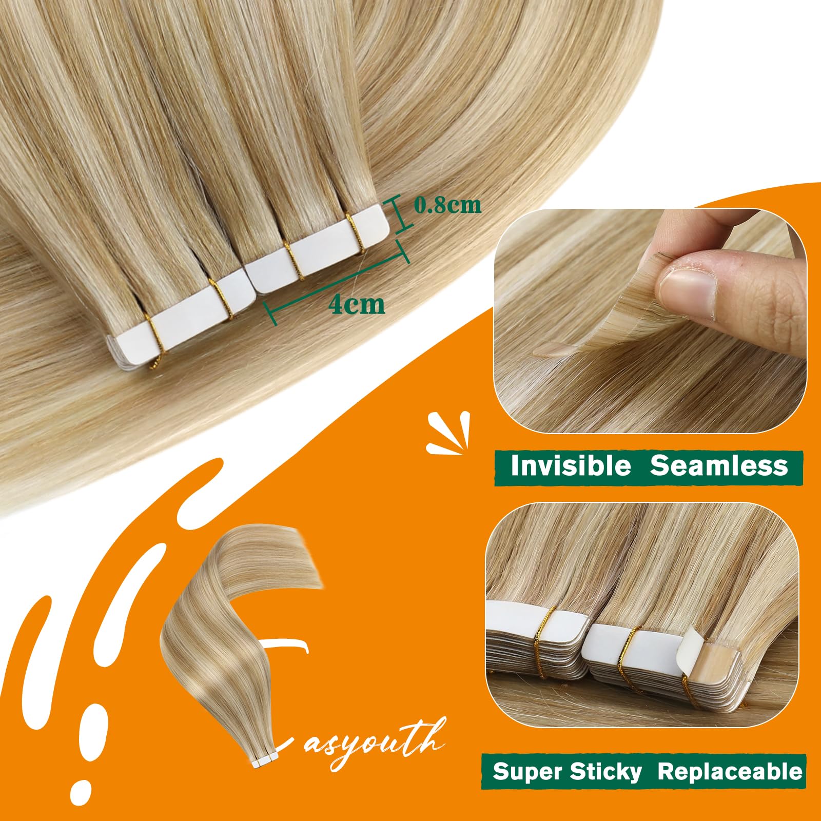 Easyouth Hair Extensions Tape in Human Hair Invisible Tape Hair Extensions Blonde Highlight Tape Extensions Real Human Hair Tape ins 24 Inch Honey Blonde Mixed Medium Blond 50g 20Pcs #27/613 - Image 3