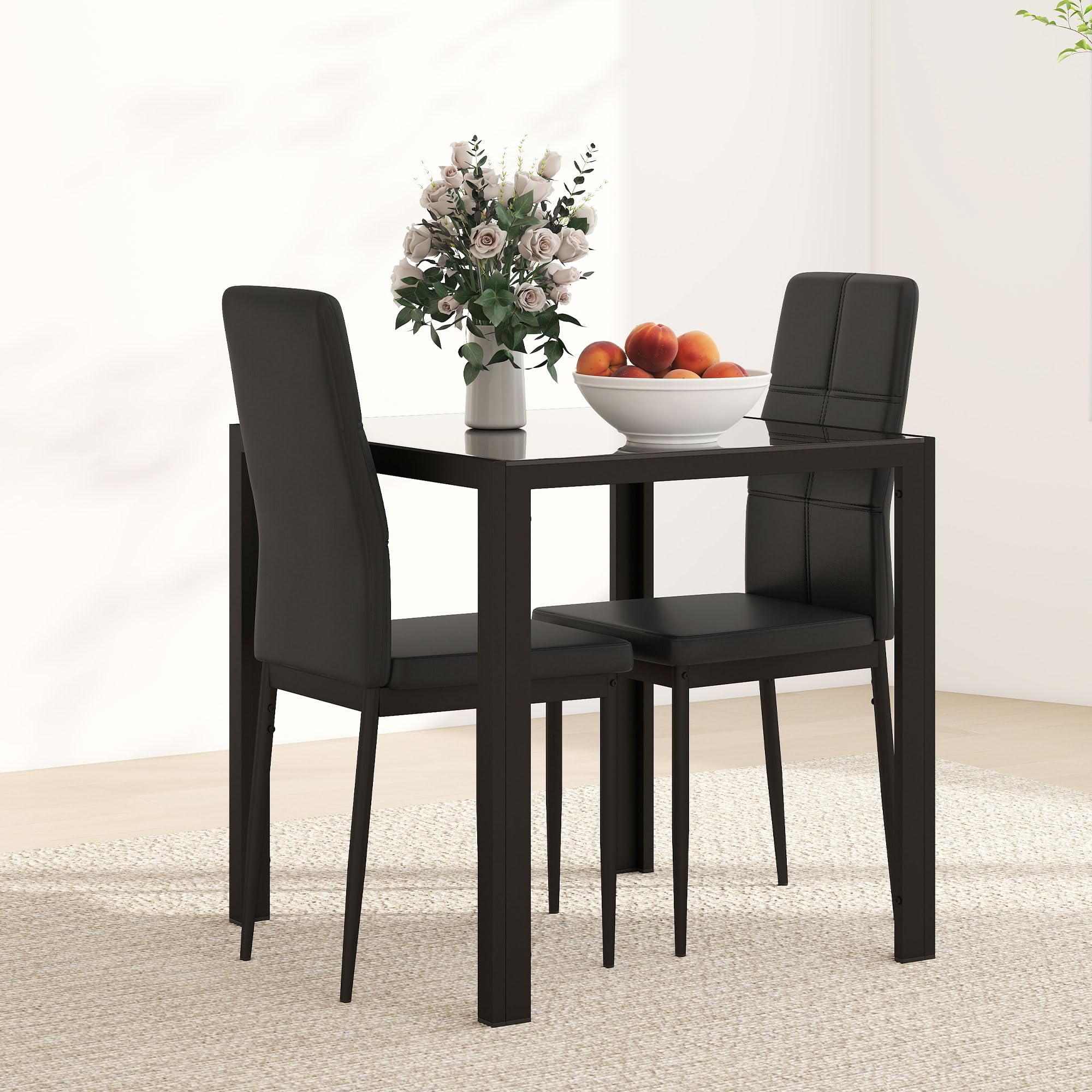 HOMCOM Ensemble Table à Manger et Chaises pour 2 Personnes, Table de Cuisine, Plateau Rectangulaire en Verre, Structure en Métal, Noir