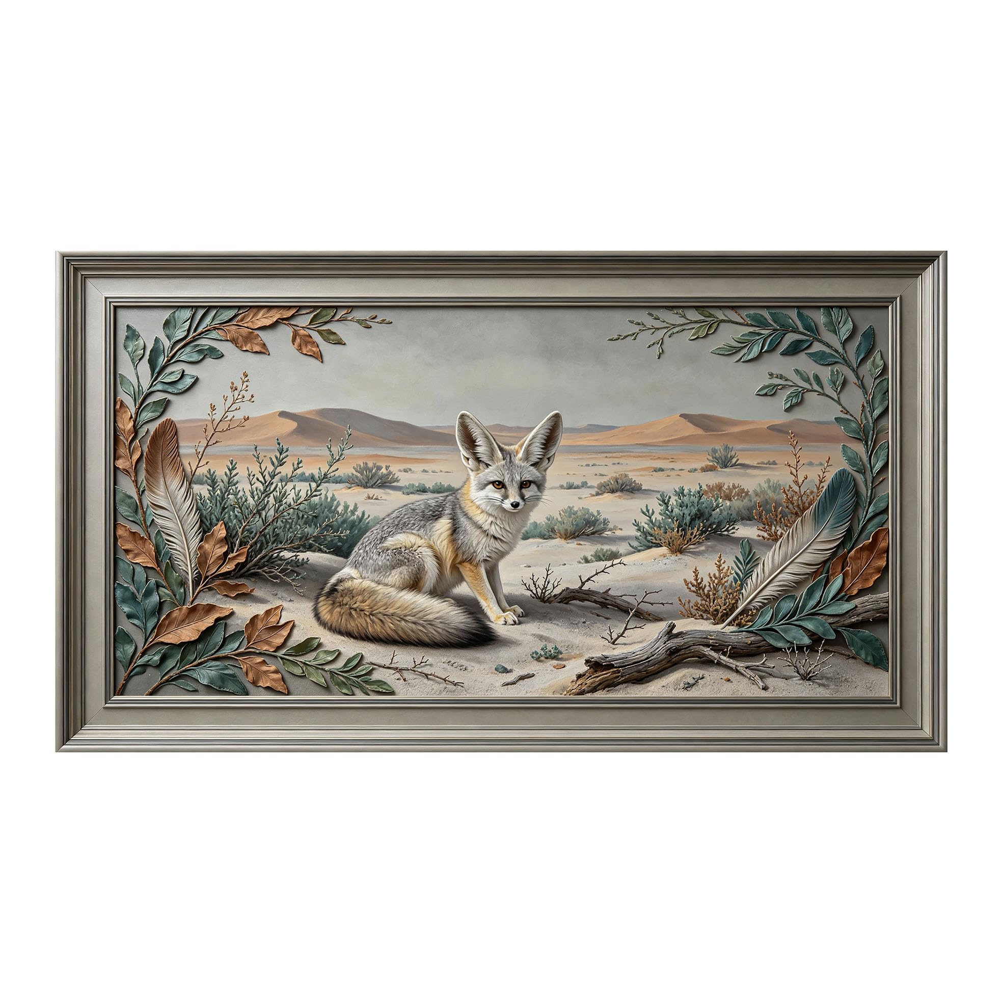 Yzpallescene 3D 3D Framed Wall Art 50cm×90cm Desert Fox Landscape Realistic Oil Painting Large Size SelfAdhesive Removable Wall Decor Prints Artwork for Living Room Bedroom Office