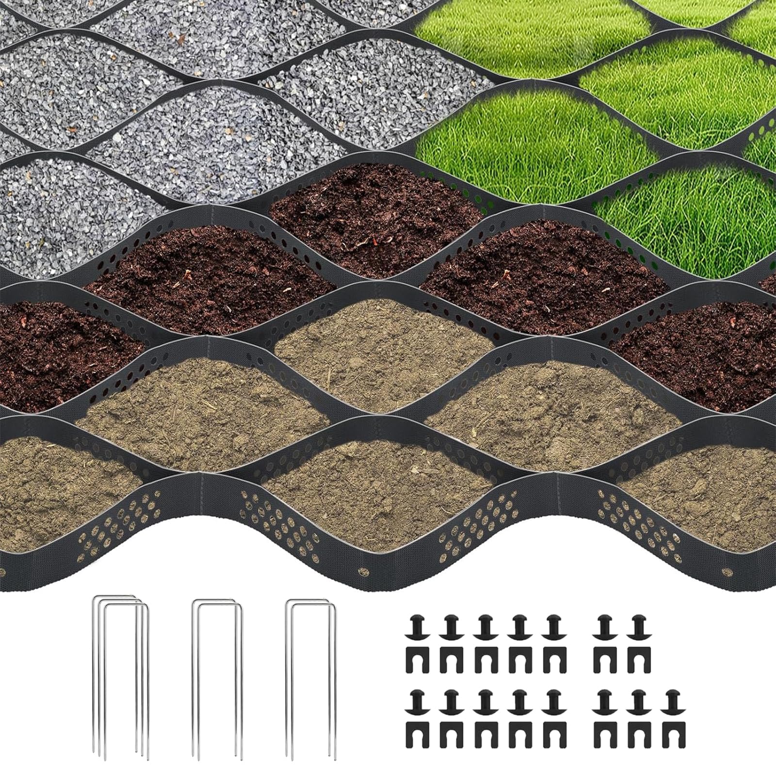 2" Thick Gravel Ground Grid 10ft x 16.4ft Gravel and Grass Grid Paver Path Base Mat, Gravel Driveway Grid for Pavers Base, Geocell Geogrid for Driveways, Pavers, Garden with 7 Stakes (Black, 5x3m)