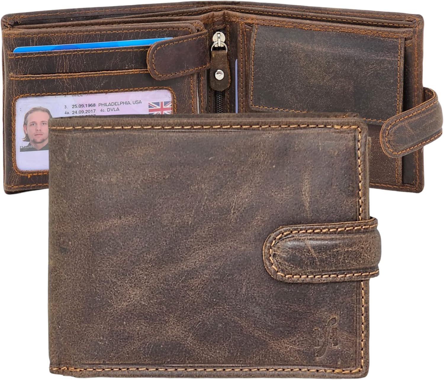 STARHIDE Mens RFID Blocking Real Disressed Hunter Leather Passcase Wallet With ID Window and Coin Pocket Purse1213 (Brown)