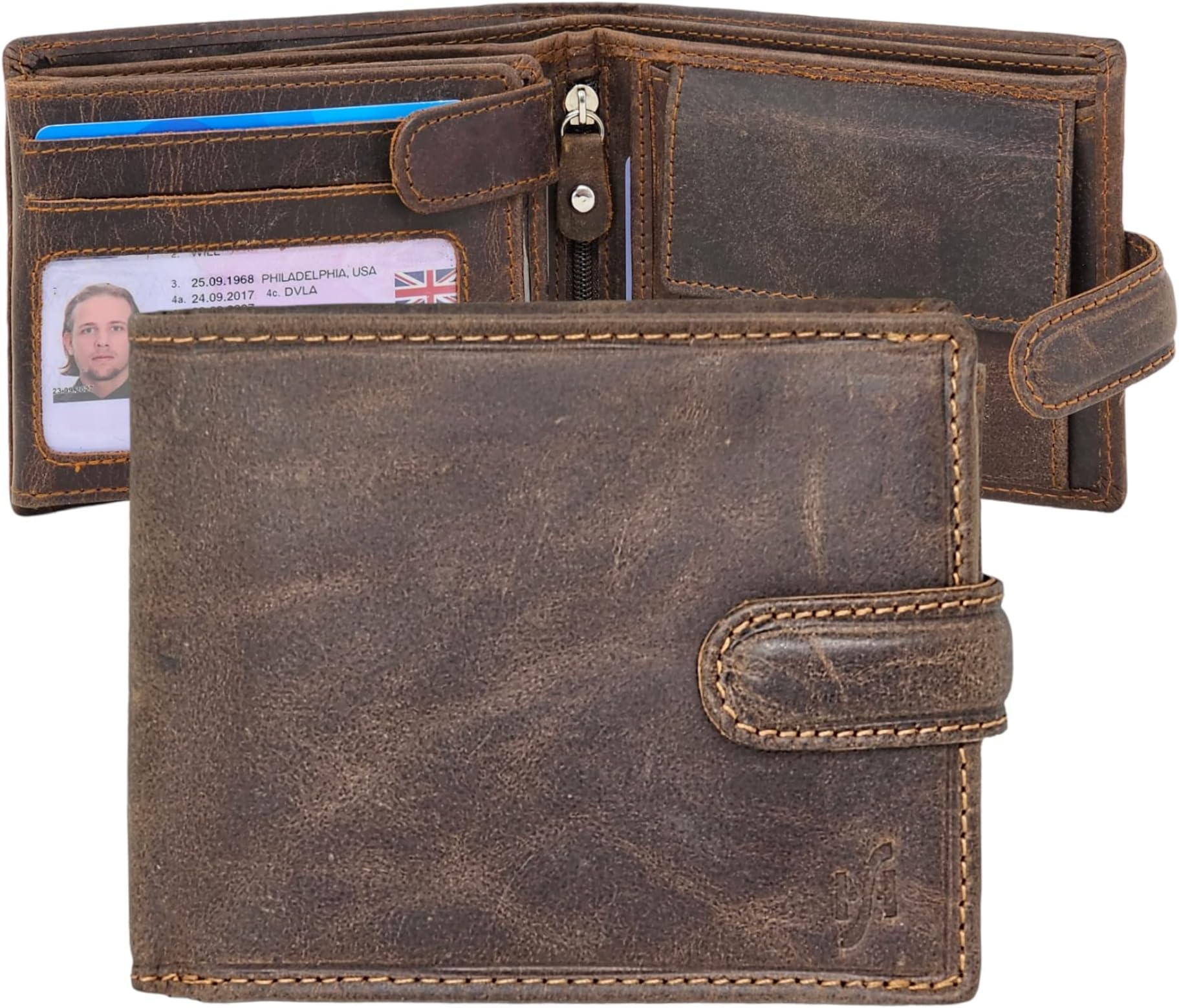 Men’s RFID Blocking Genuine Leather Wallet – Twin ID Card Holder, Coin Pouch, 7 Card Slots, 2 Note Compartments & Gift Box – Slim Bifold Wallet for Men 1213 (Hunter Brown)