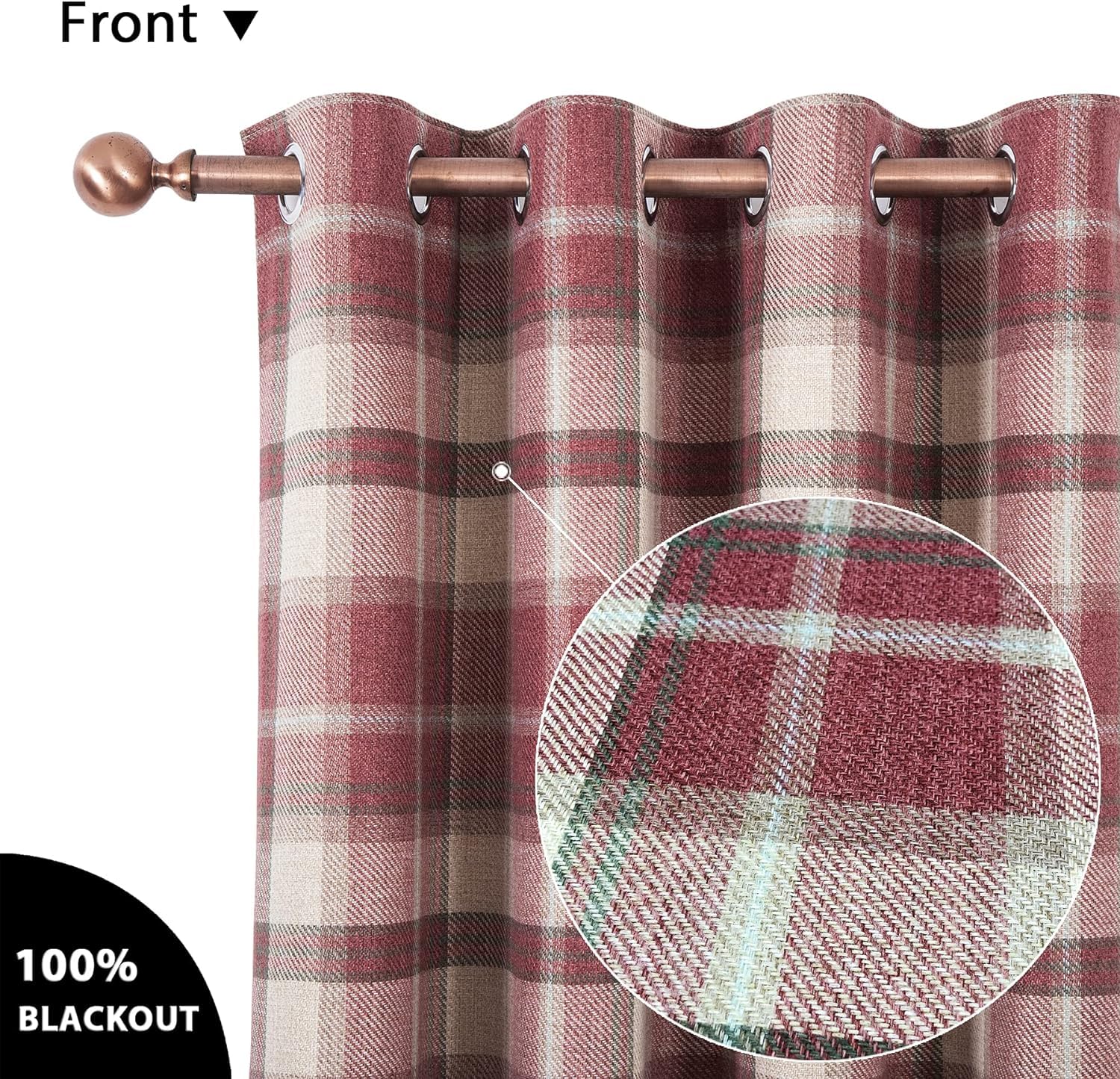 always4u 100% Blackout Curtains Check Eyelet Curtain Bedroom Plaid Woven Brushed Cheque Pair of Highland Woolen Look Window Treatment for Living Room Red 66 * 54 Inches - Image 2