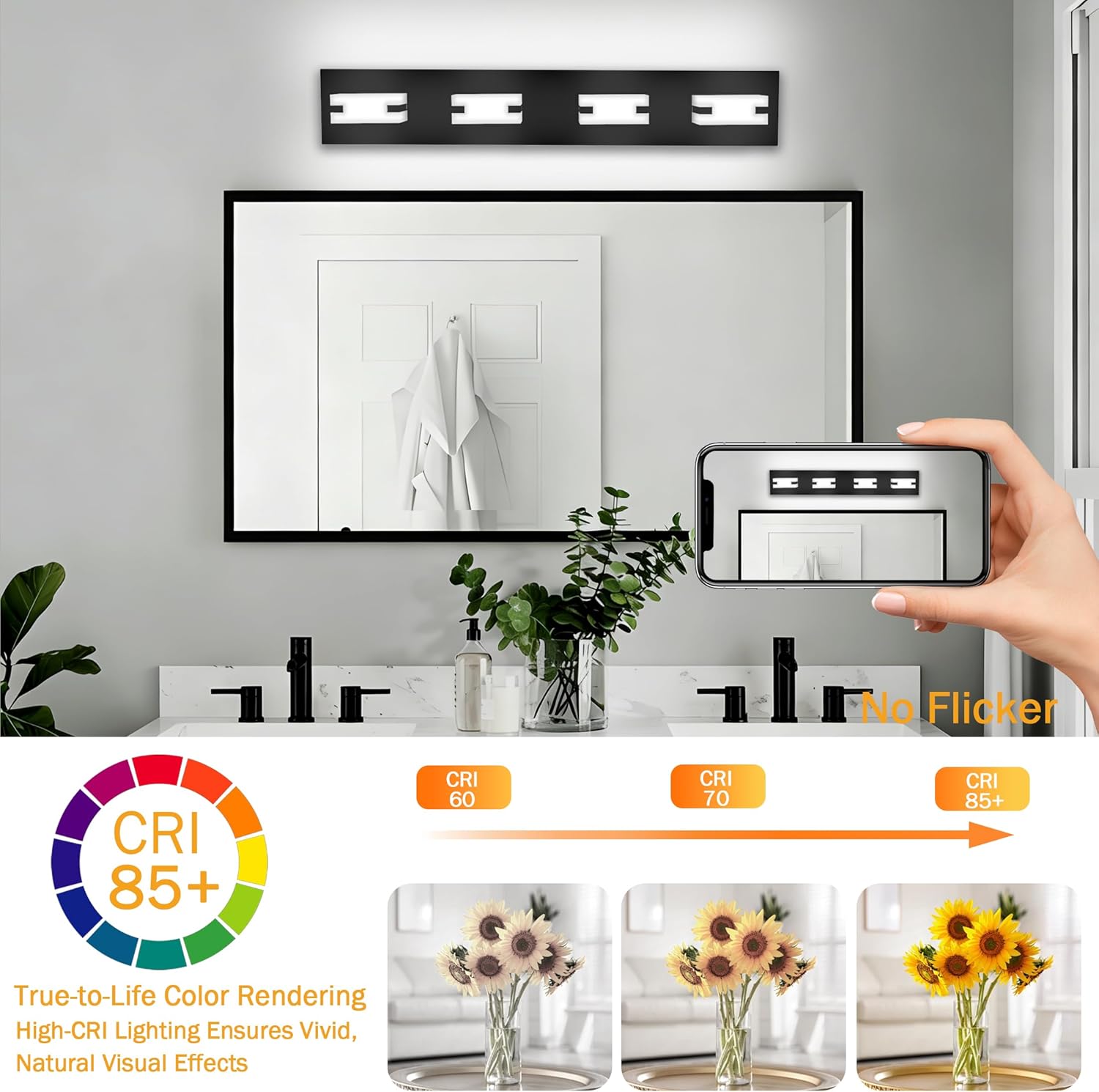 LED Bathroom Light Fixtures, 4-Light Modern Vanity Lights with Milky White Frosted Acrylic Shades, Matte Black Bathroom Lighting Fixtures Over Mirror, ETL Listed, 27W 5CCT Adjustable